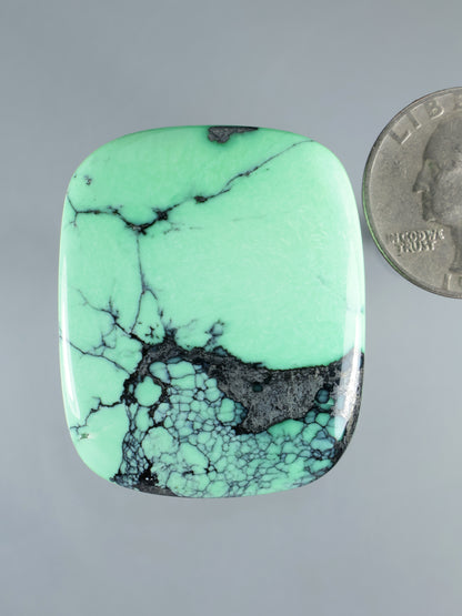 Mint green variscite cabochon with dark matrix web veins, square-rounded shape