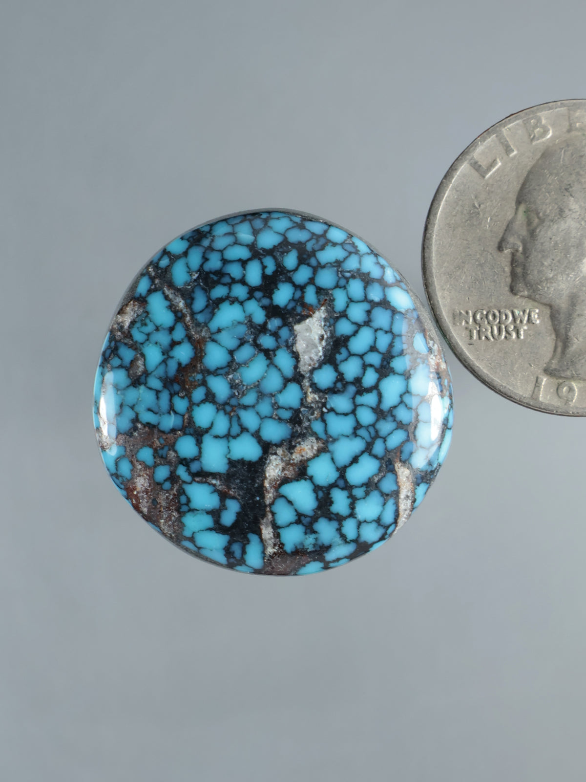 Oval turquoise cabochon gemstone with dark web-like matrix veining