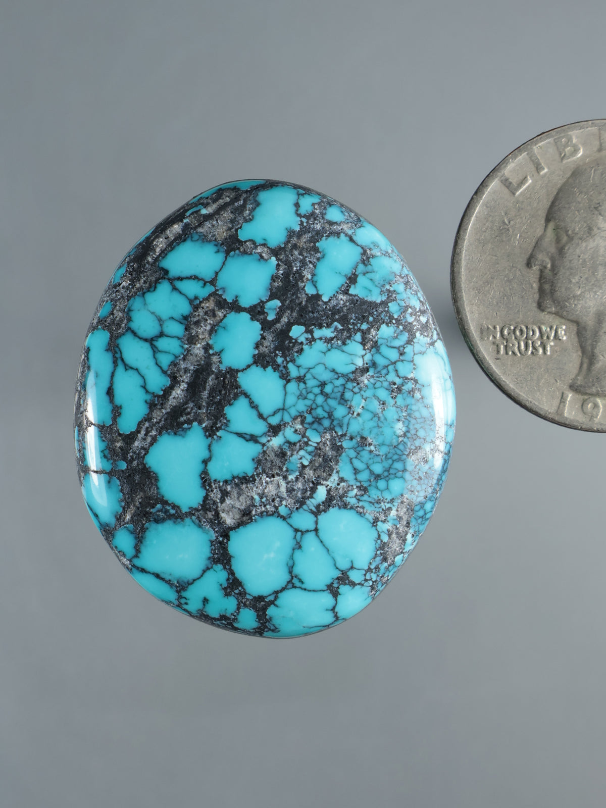 Turquoise cabochon gemstone with black matrix webbing, oval domed stone