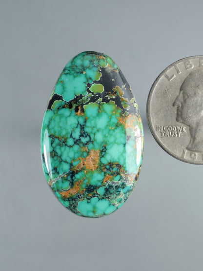 Turquoise cabochon gemstone, oval teardrop with gold-brown matrix and polished shine