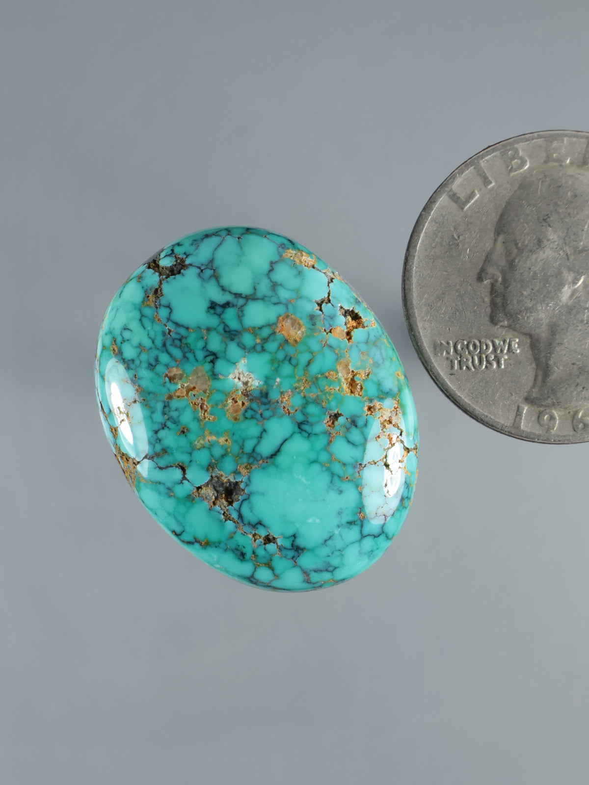 Turquoise cabochon oval with webbed dark veins and gold-brown mineral specks