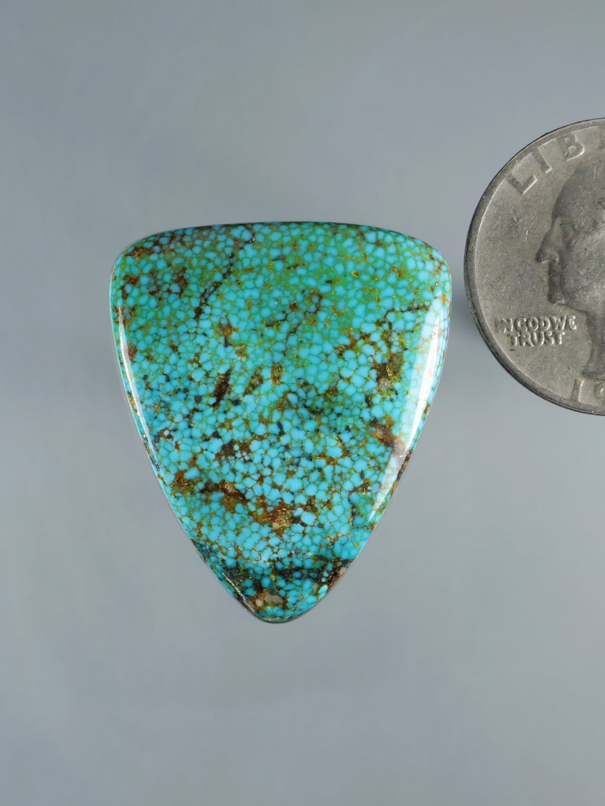 Turquoise cabochon gemstone, rounded triangular cut with webbed speckle