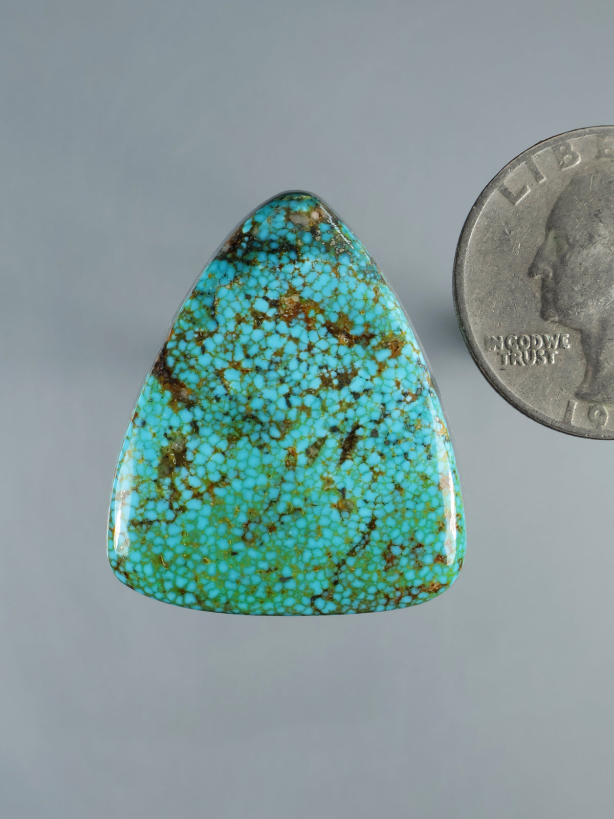 Turquoise cabochon gemstone, teardrop-triangle shape with webbed pattern