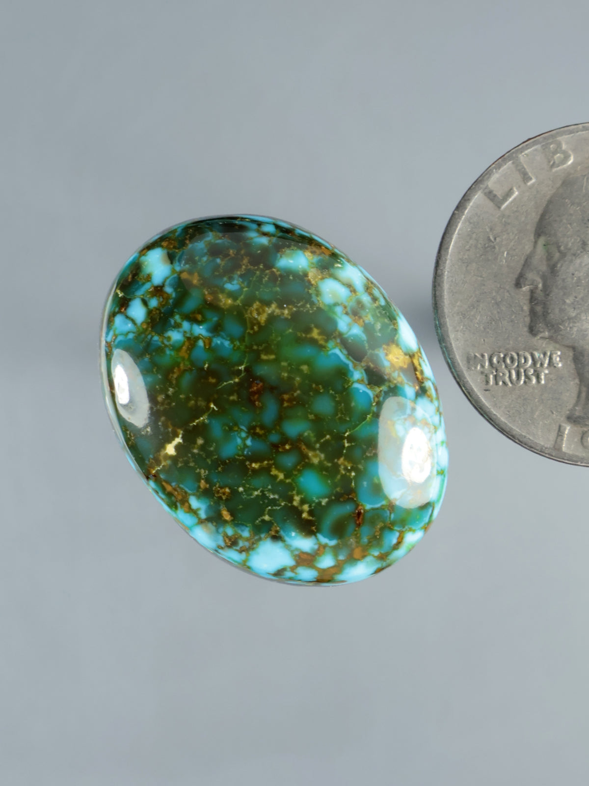 Turquoise oval cabochon with dark green matrix and golden-brown web strands