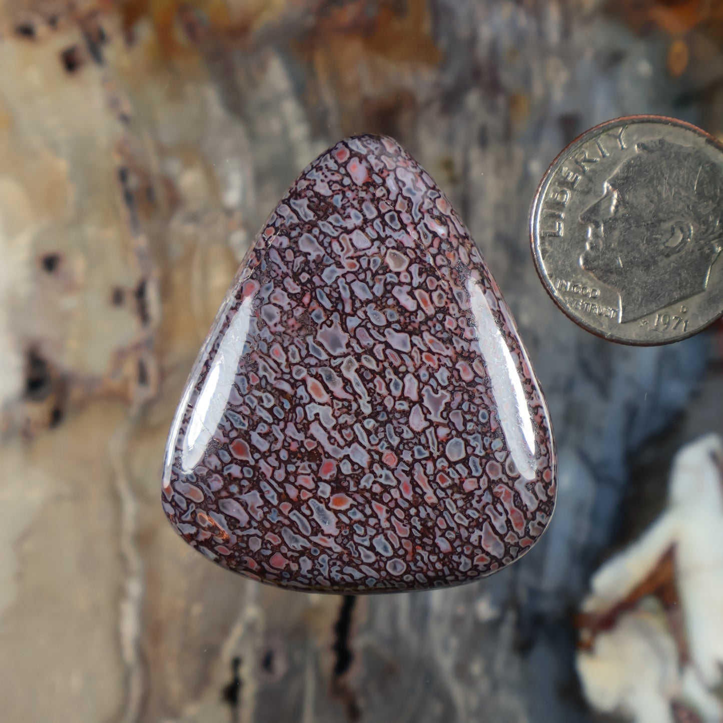 Red maroon teardrop cabochon with dark crackle pattern, polished dome