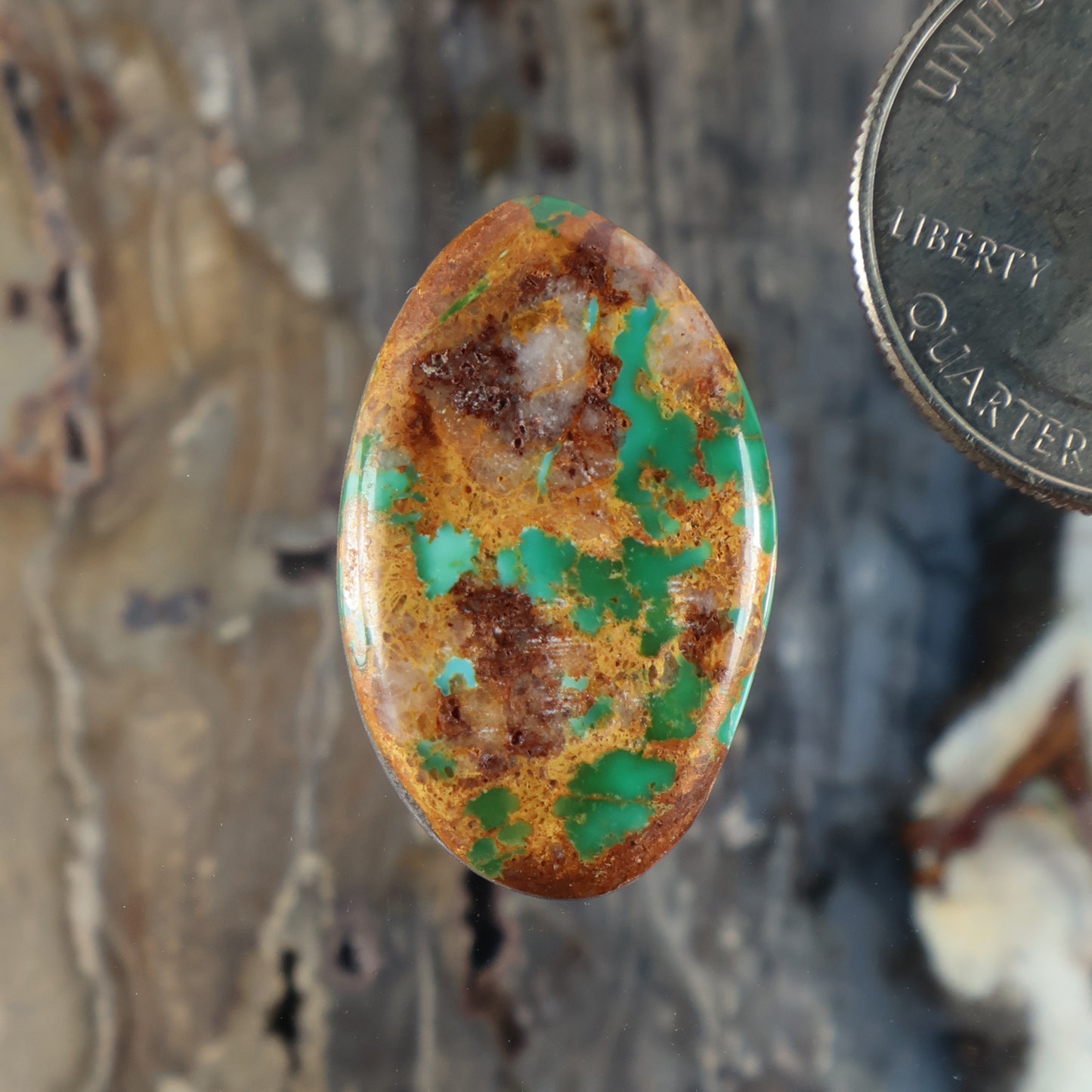 Royston turquoise cabochon gemstone, oval with green turquoise and brown matrix