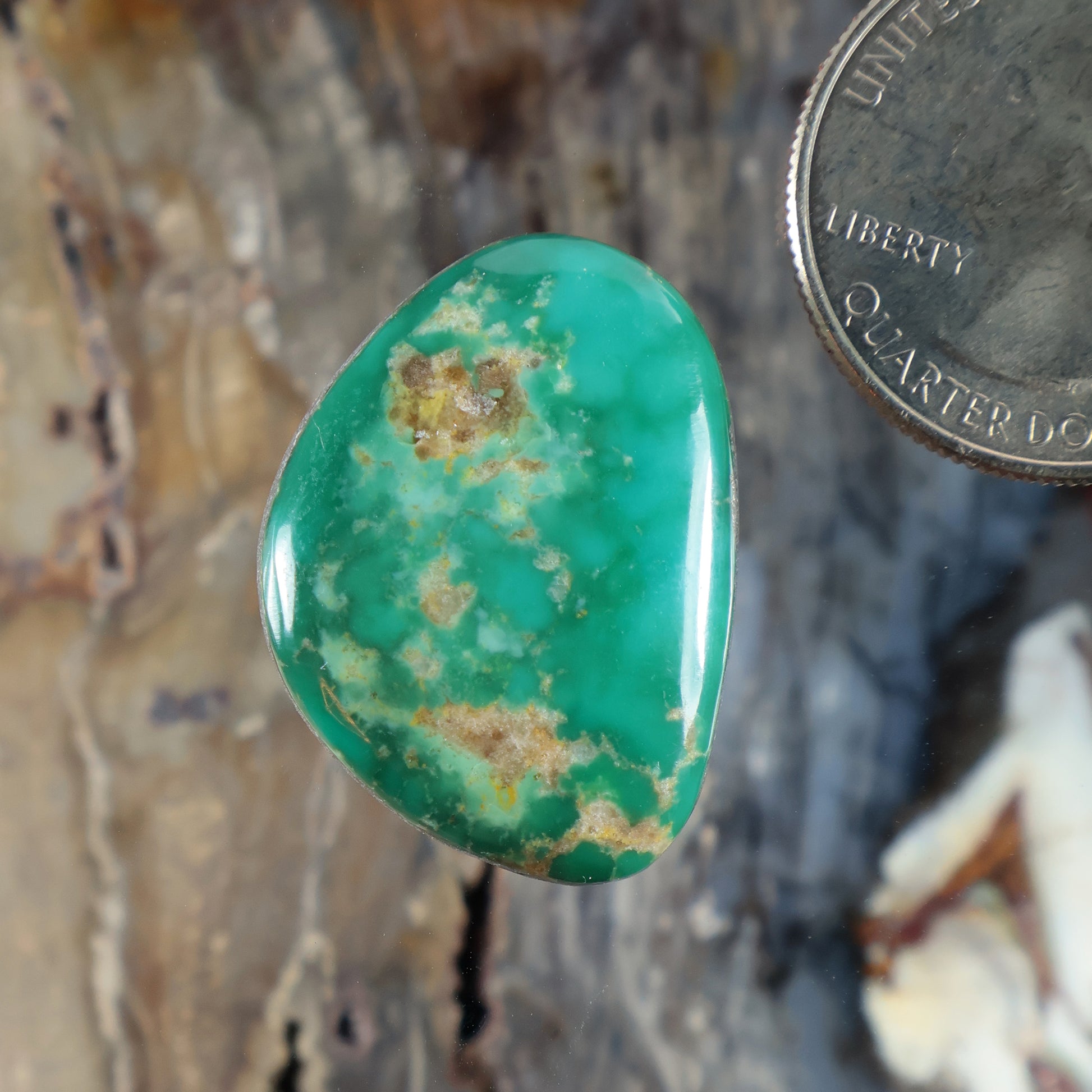Oval turquoise cabochon with polished teal-green stone and brown matrix inclusions