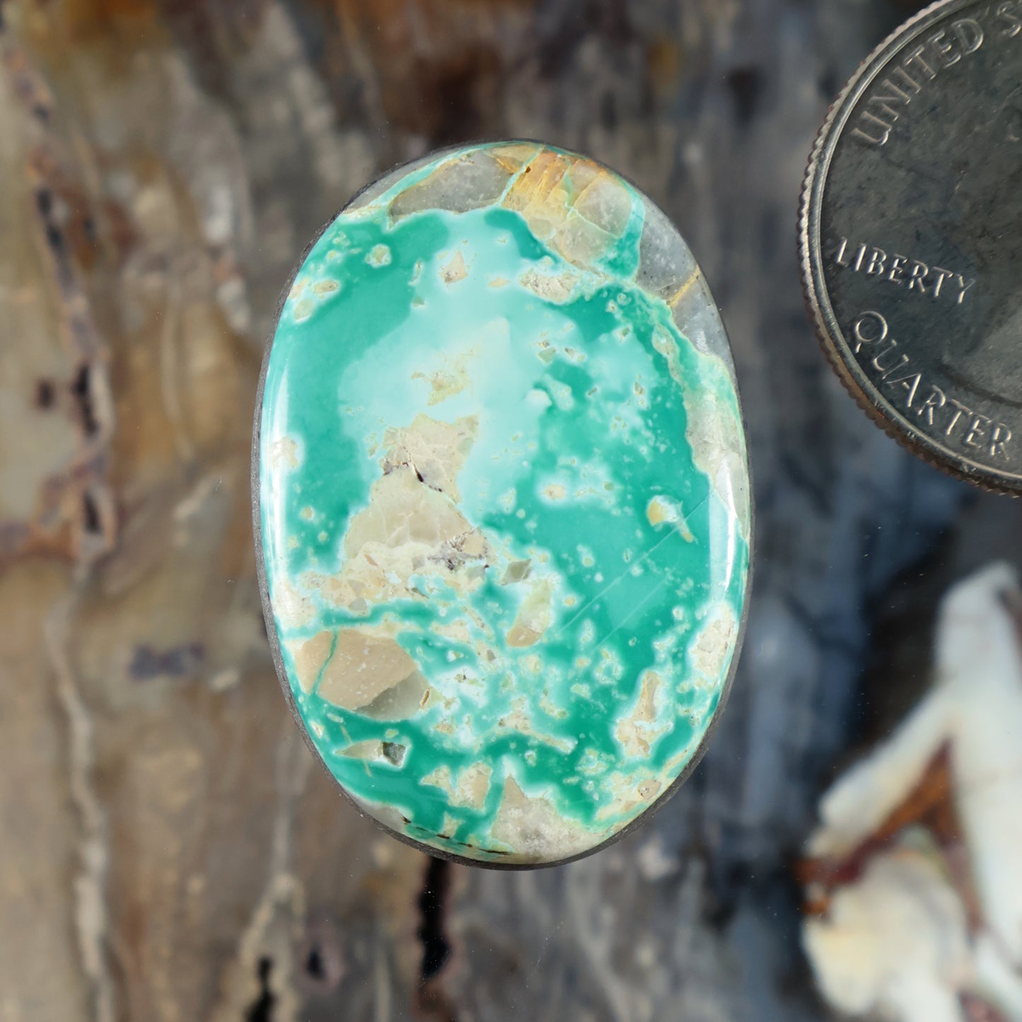 Oval turquoise cabochon gemstone with natural light and dark green veining