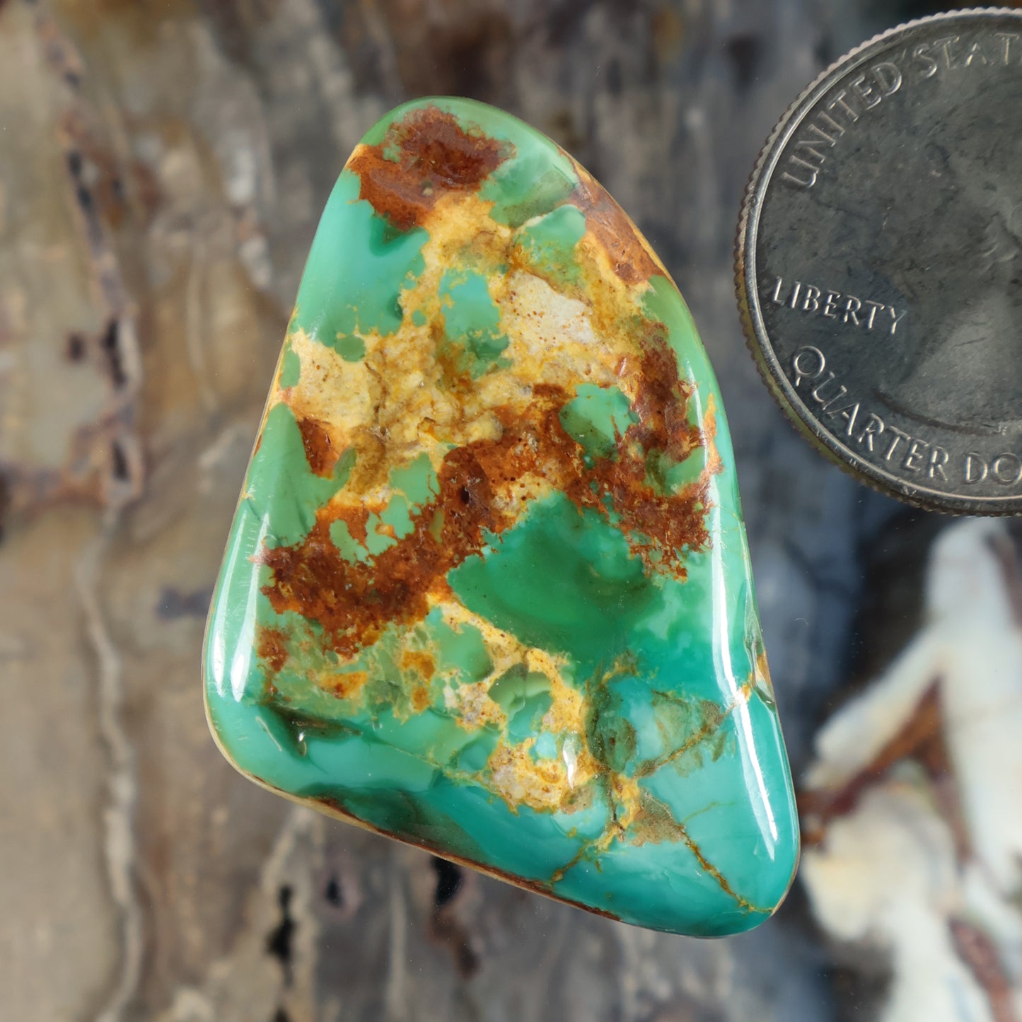 Turquoise cabochon gemstone, teardrop shape with green and brown matrix