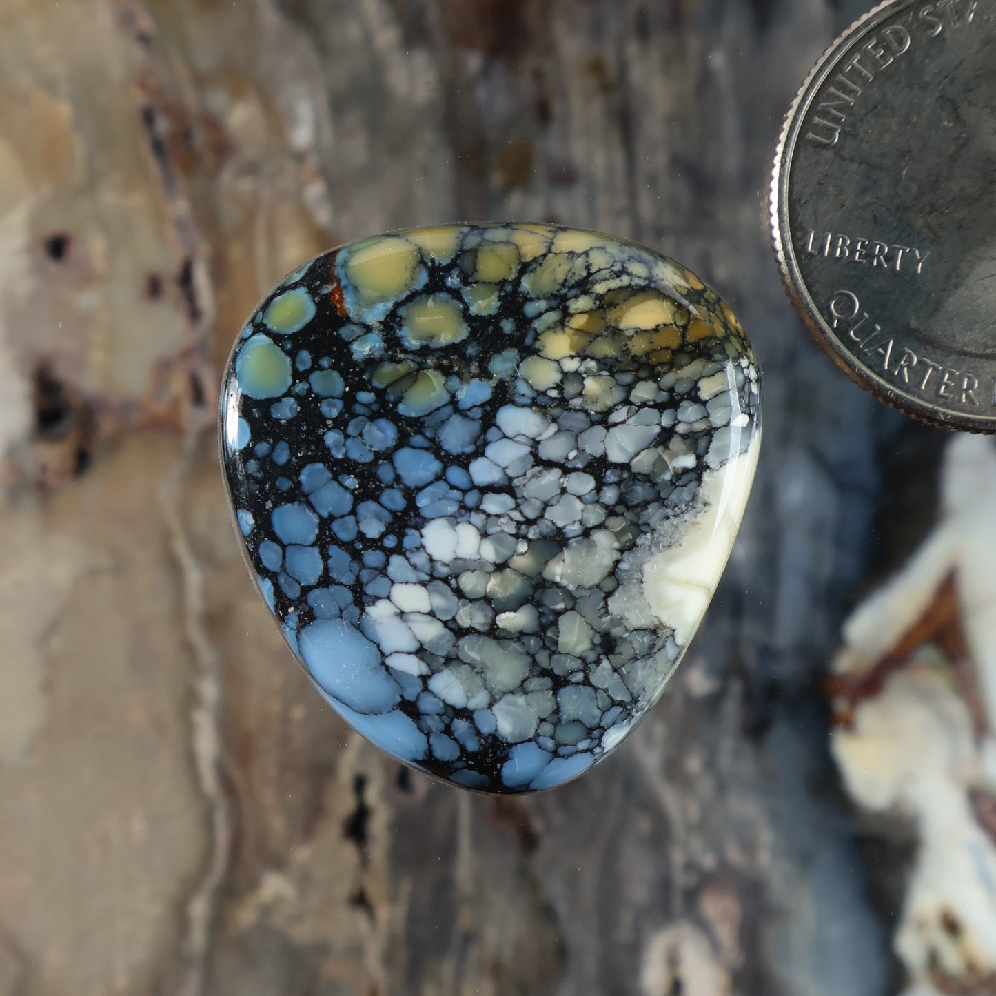 Blue and black teardrop cabochon gemstone with cracked veining pattern