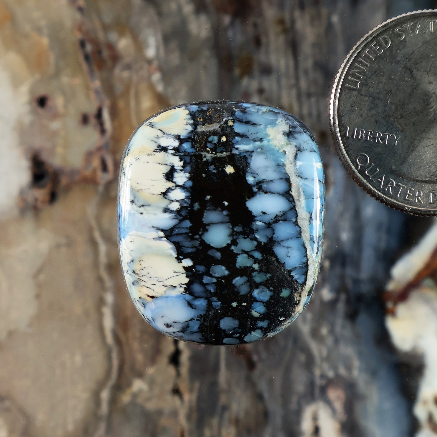 Oval domed cabochon gemstone with blue and black marbled pattern