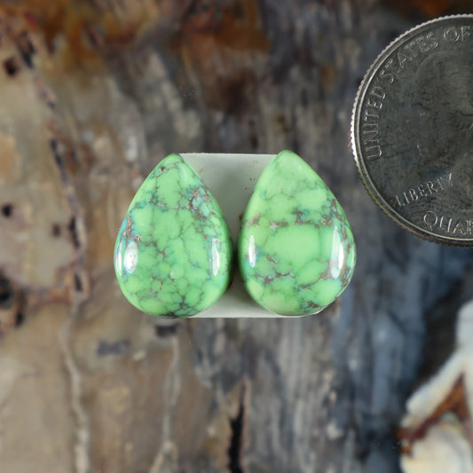 Turquoise teardrop cabochon pair, smooth green stones with natural matrix lines