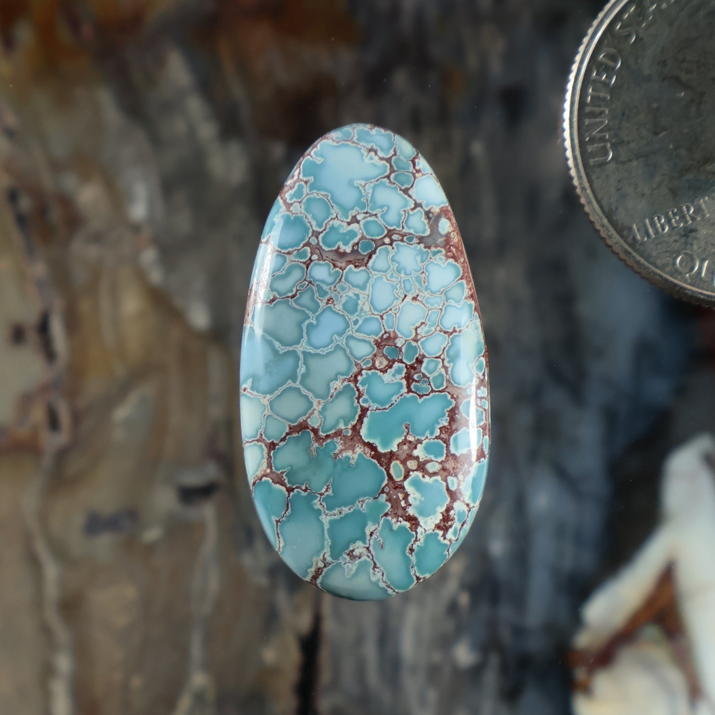 Oval turquoise cabochon gemstone with sky-blue base and brown matrix veining