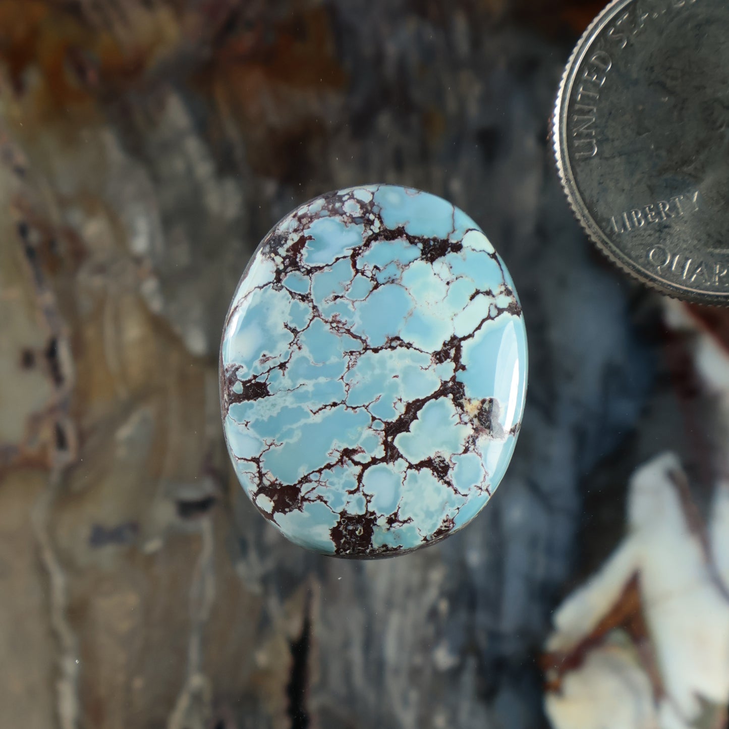 Oval turquoise cabochon with brown web-like matrix, polished gemstone