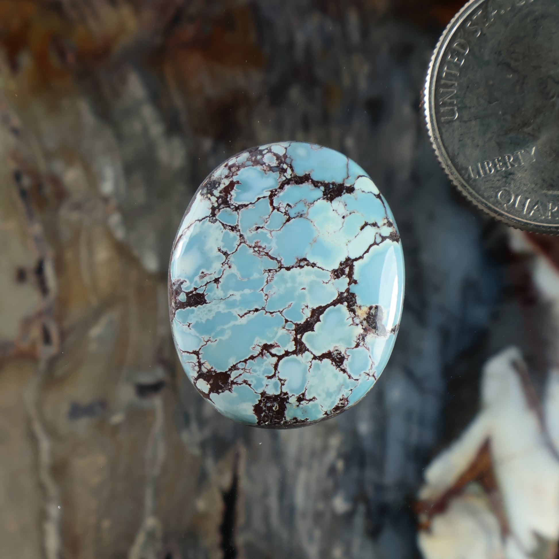 Oval turquoise cabochon with brown web-like matrix, polished gemstone