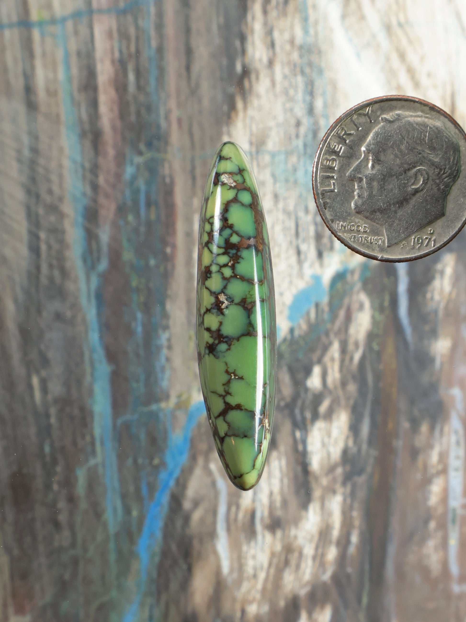 Damele Variscite Cabochon N656, elongated oval green gemstone with dark webbing