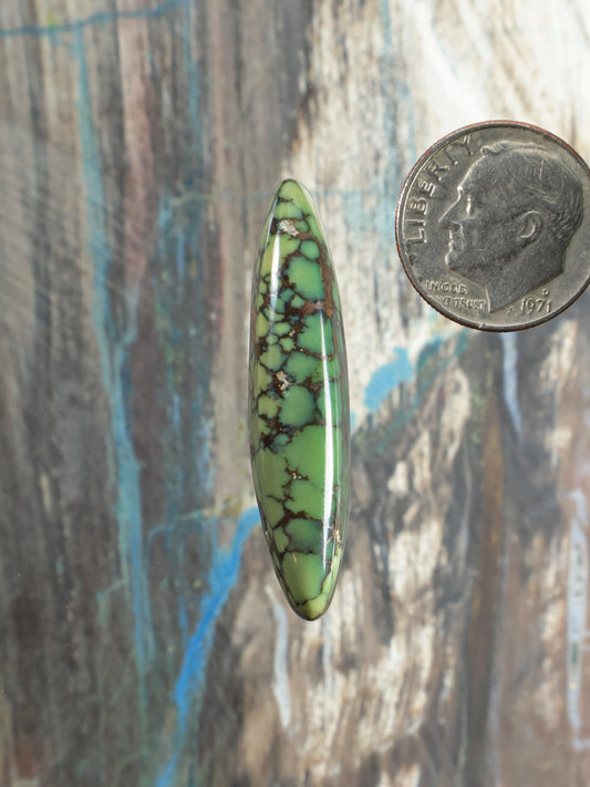 Damele Variscite Cabochon N656, elongated oval green gemstone with dark webbing