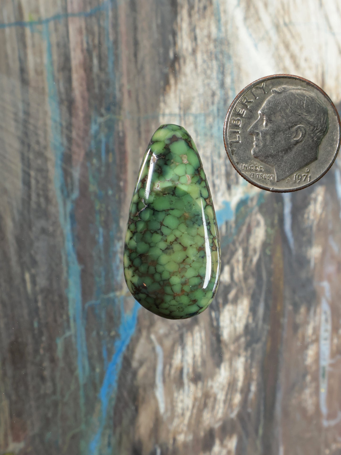 Teardrop green variscite cabochon with black matrix web pattern