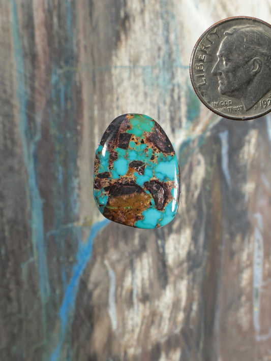 Oval turquoise cabochon gemstone with brown matrix and marbled pattern