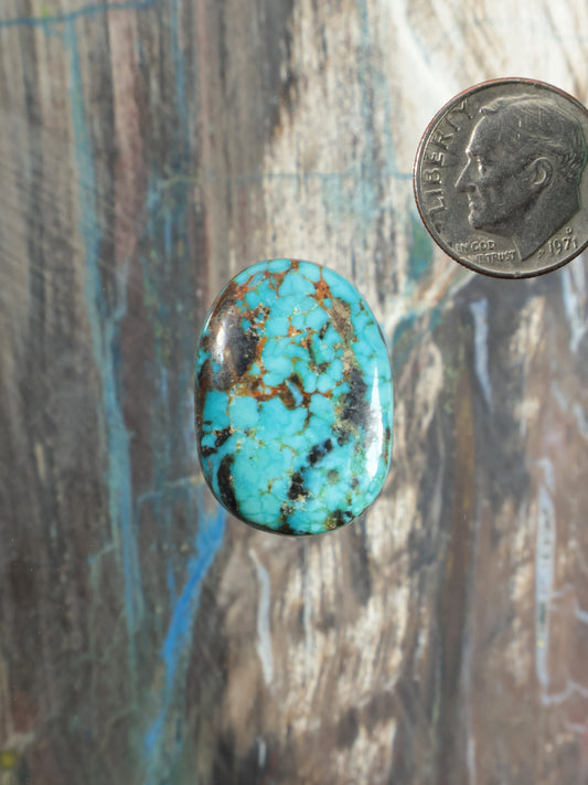 Blue turquoise oval cabochon gemstone with golden matrix webbing