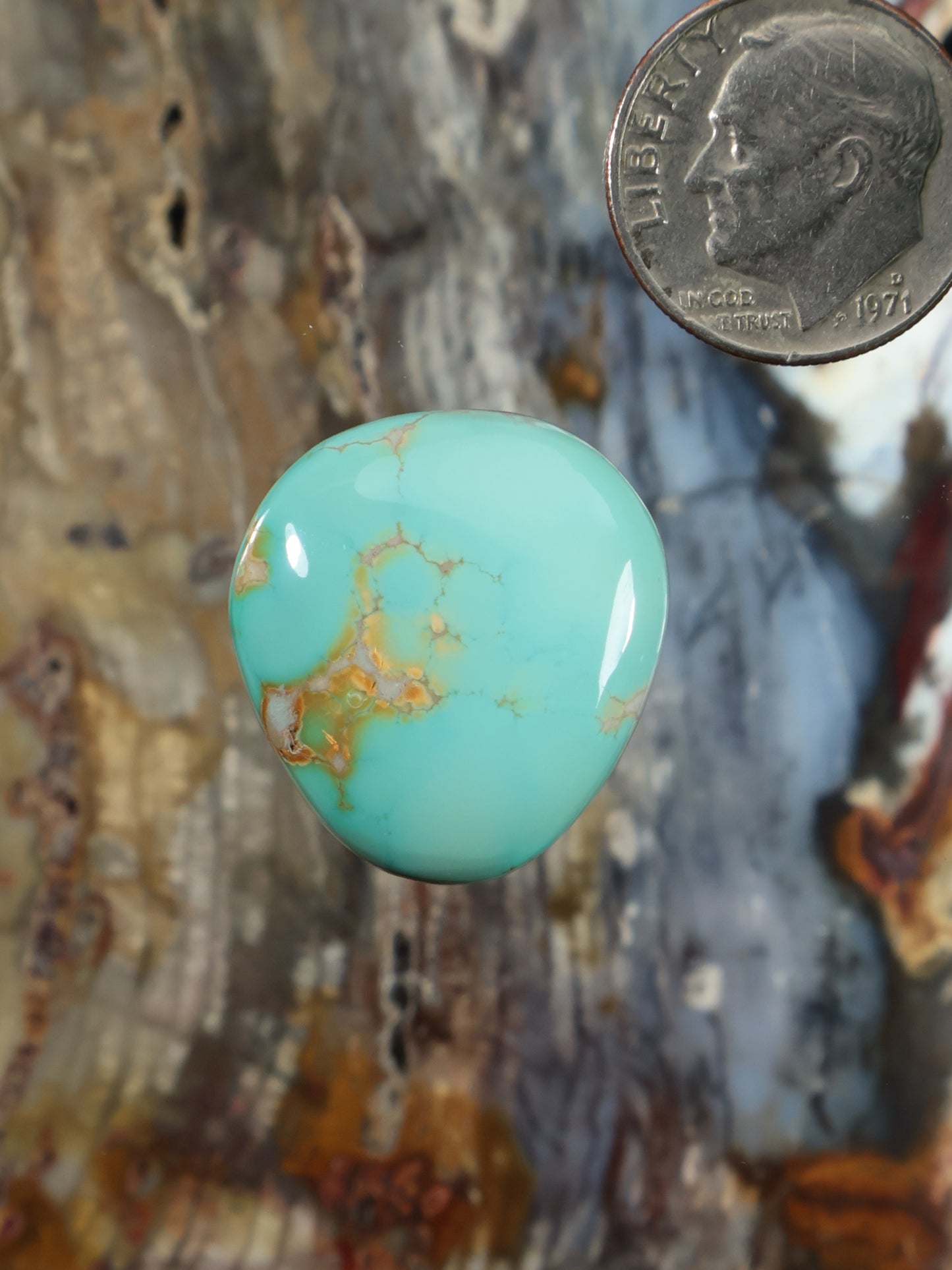Turquoise oval cabochon gemstone with golden matrix veining