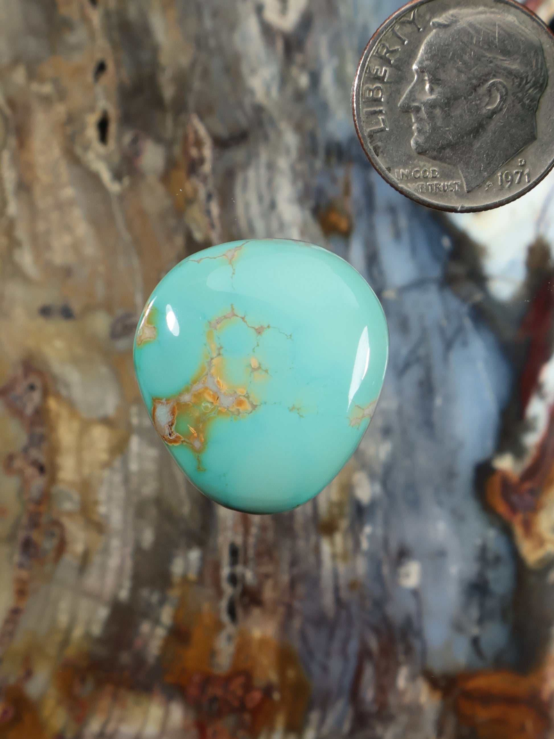 Turquoise oval cabochon gemstone with golden matrix veining