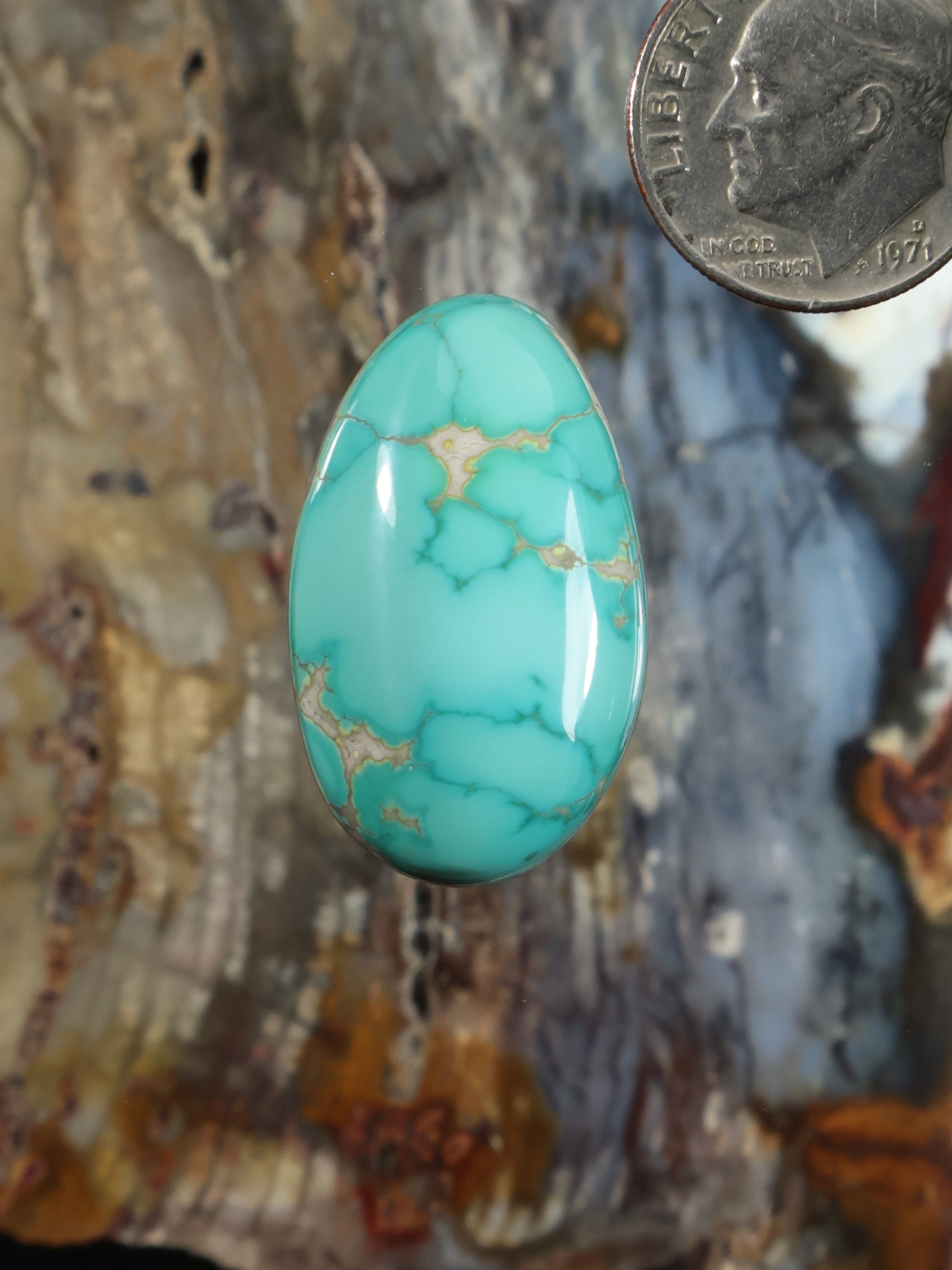 Turquoise oval cabochon with light gold matrix webbing