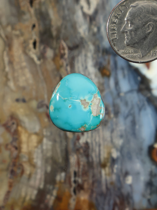 Turquoise cabochon gemstone, round oval with natural tan veining and smooth polished face