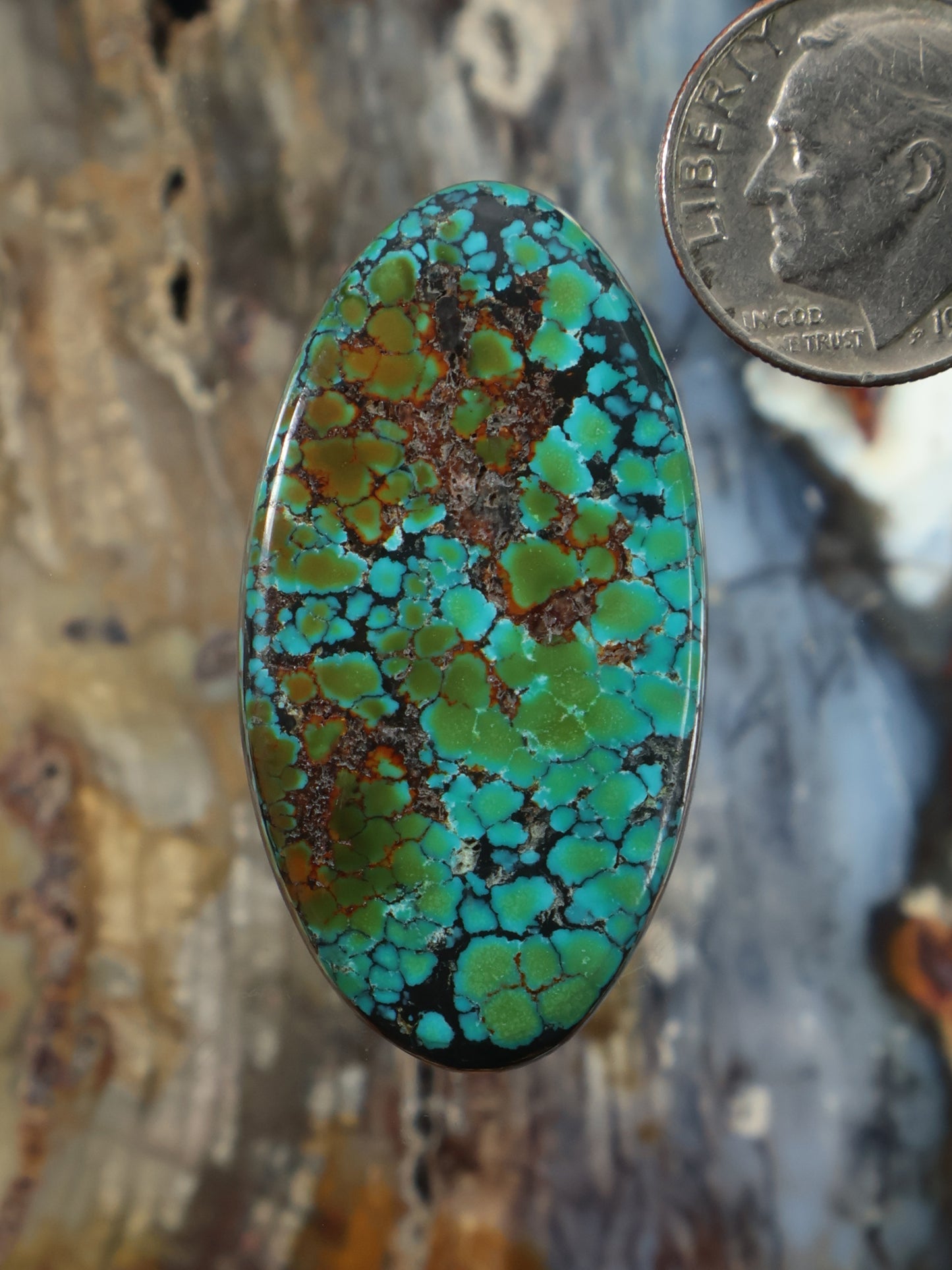 Turquoise cabochon gemstone, oval with dark matrix webbing and polished dome
