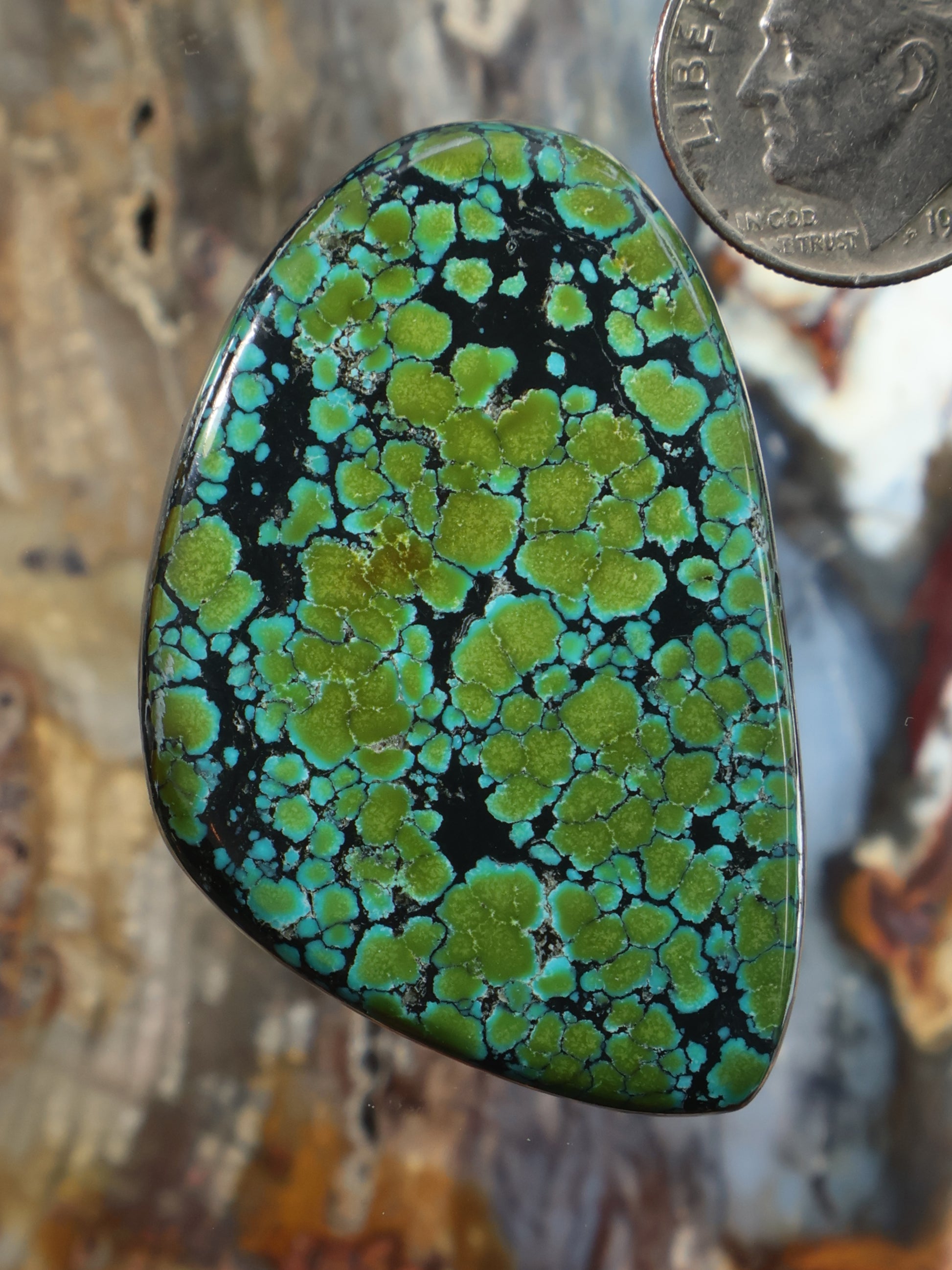 Turquoise cabochon gemstone, oval with green-blue cracked mosaic pattern