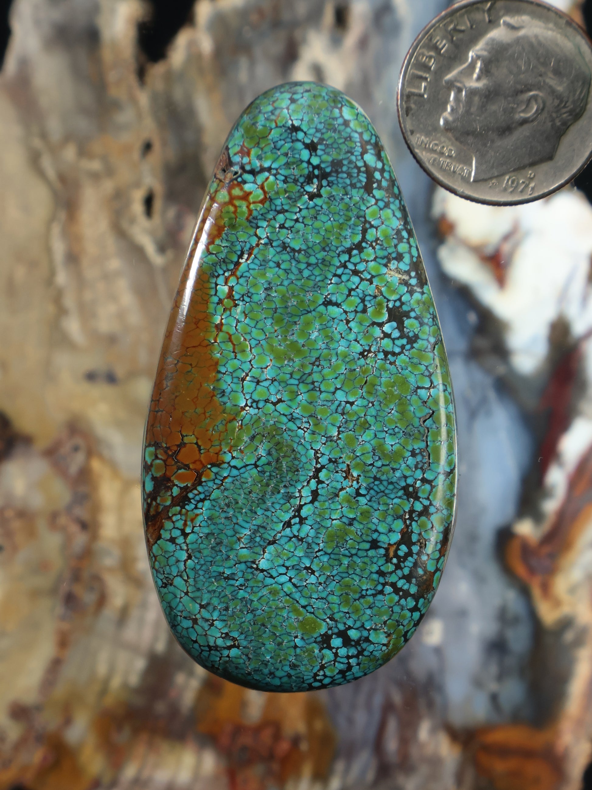 Turquoise cabochon gemstone with oval teardrop shape and mosaic crackle pattern