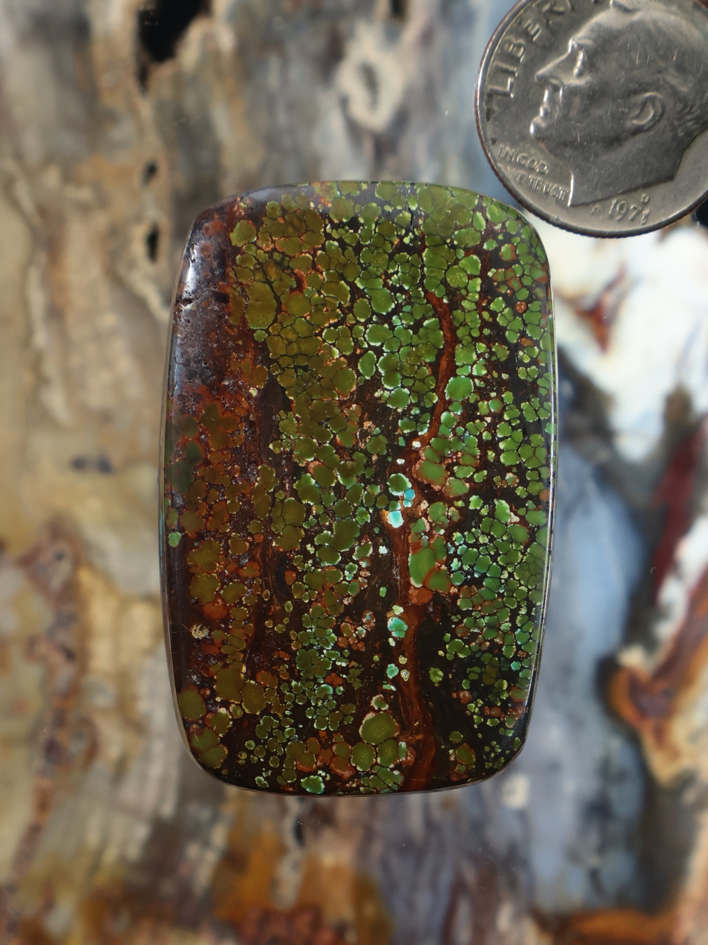 Turquoise cabochon gemstone with square cushion shape, green-red iridescent mosaic