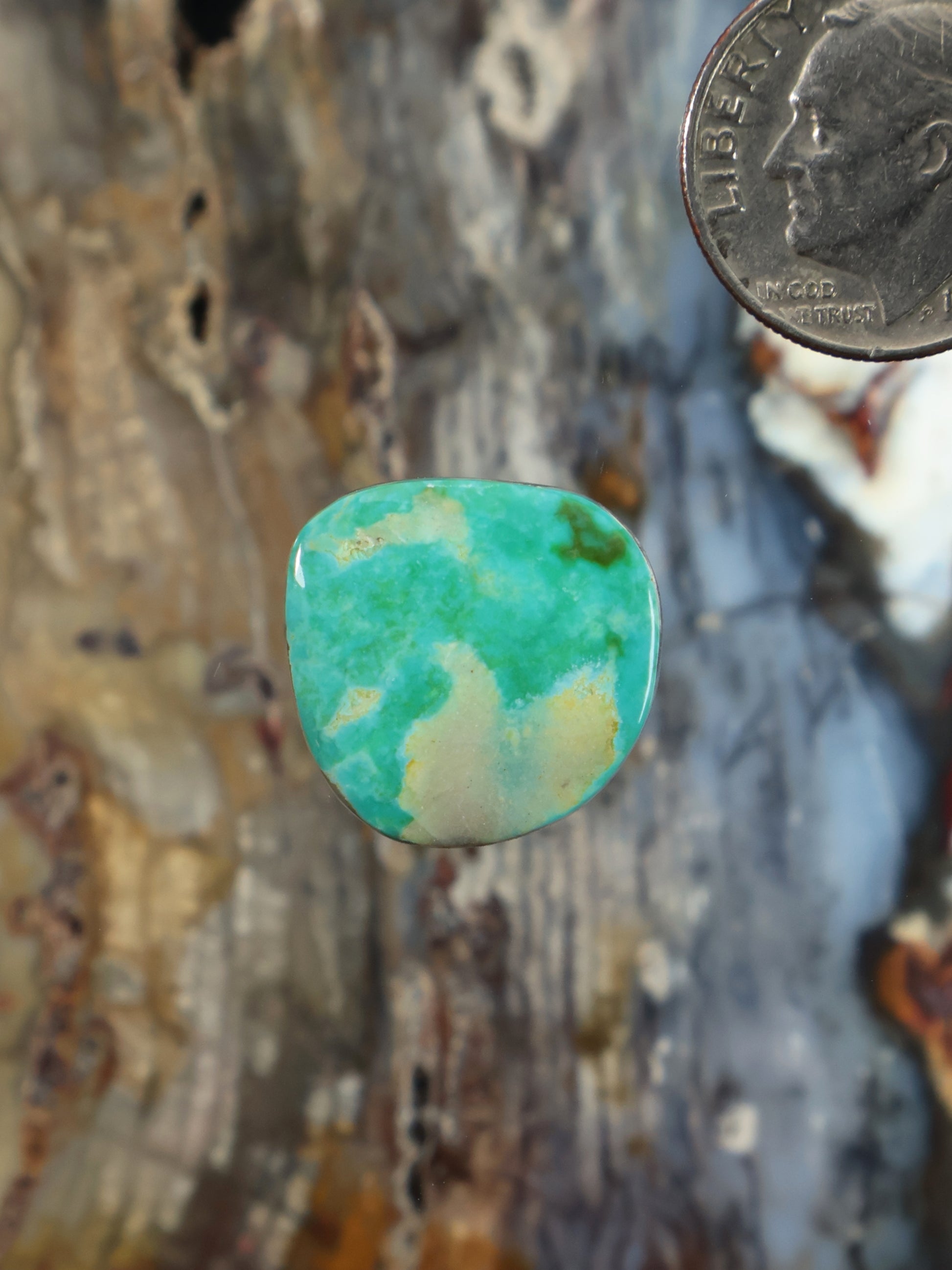 Turquoise cabochon gemstone with smooth oval face and pale veining