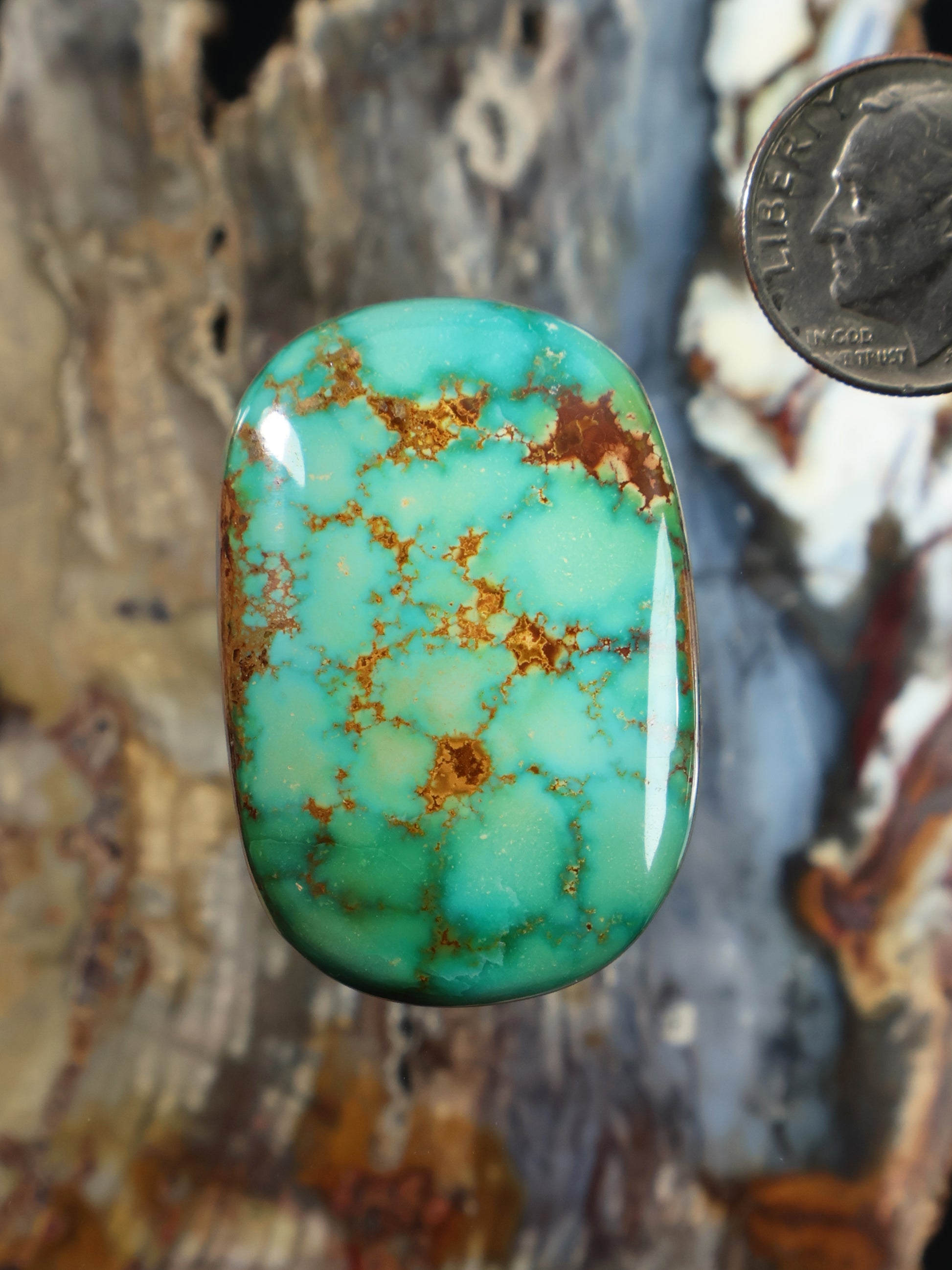 Oval turquoise cabochon with brown gold web matrix pattern, polished gemstone