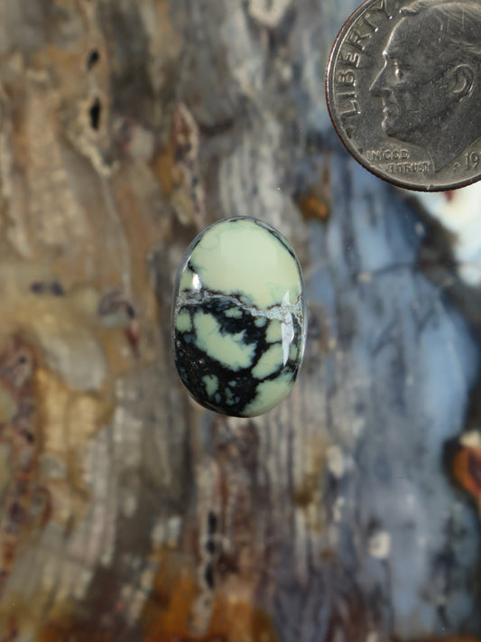 Oval variscite cabochon gemstone, light green with dark black matrix veining