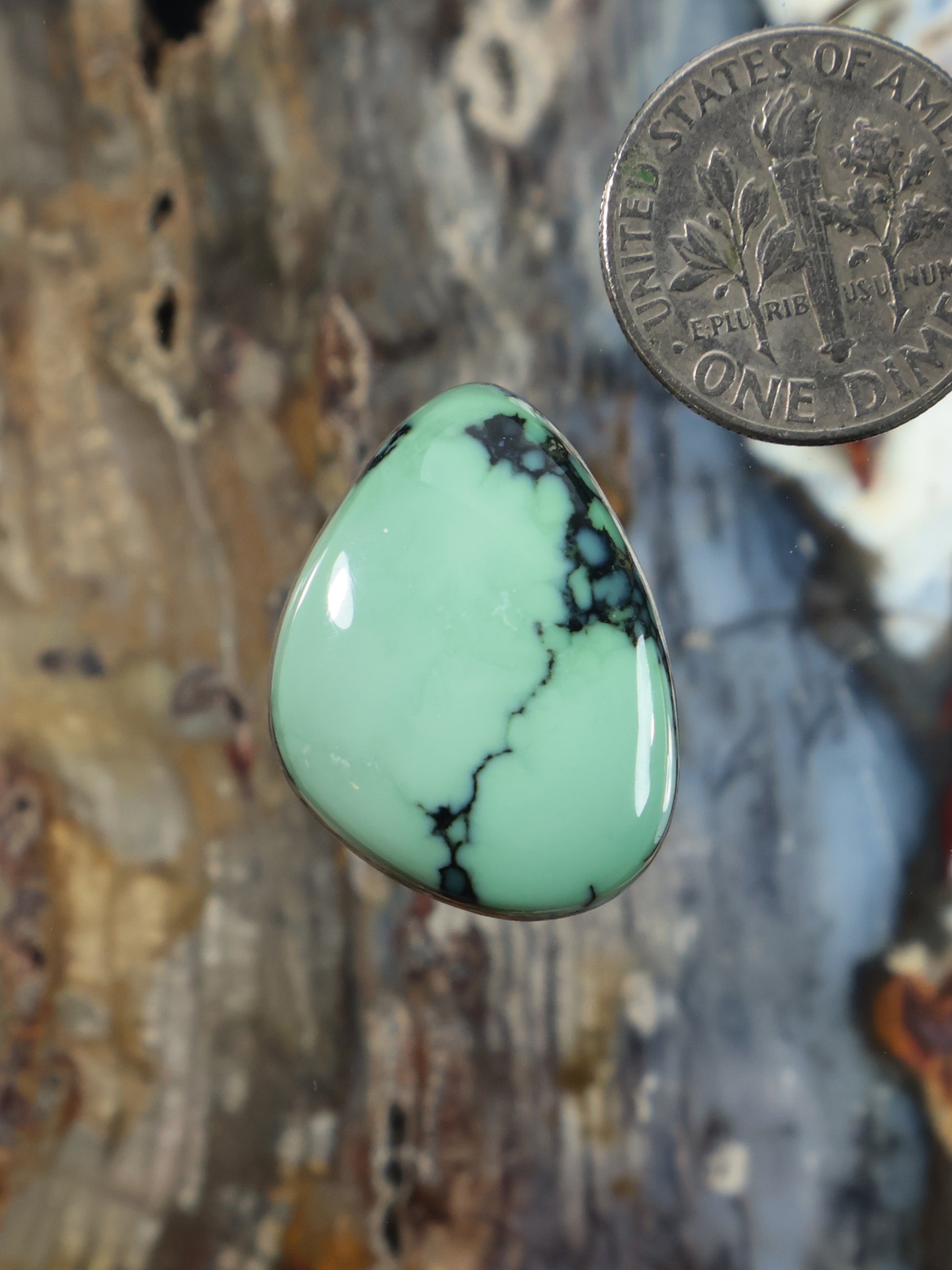 Light green teardrop variscite cabochon with dark black web-like veins