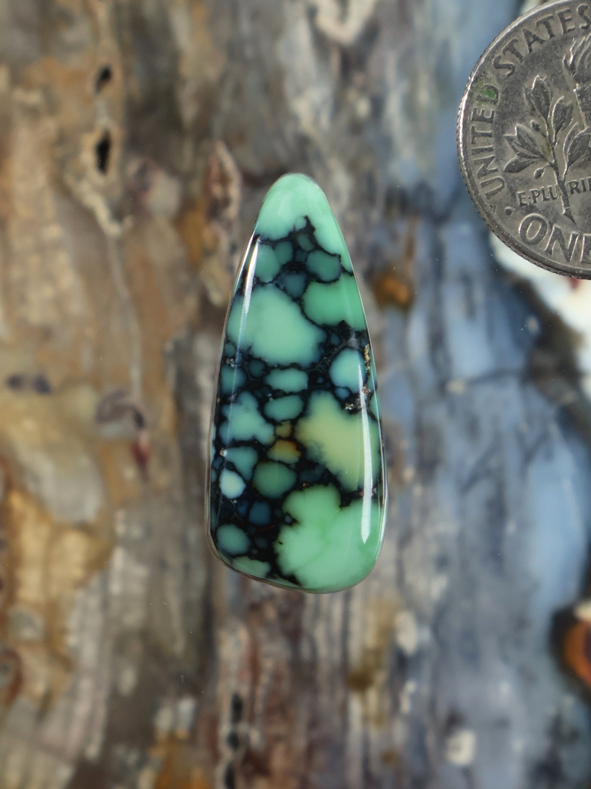 Variscite cabochon gemstone, teardrop shape with mint-green base and dark web veining