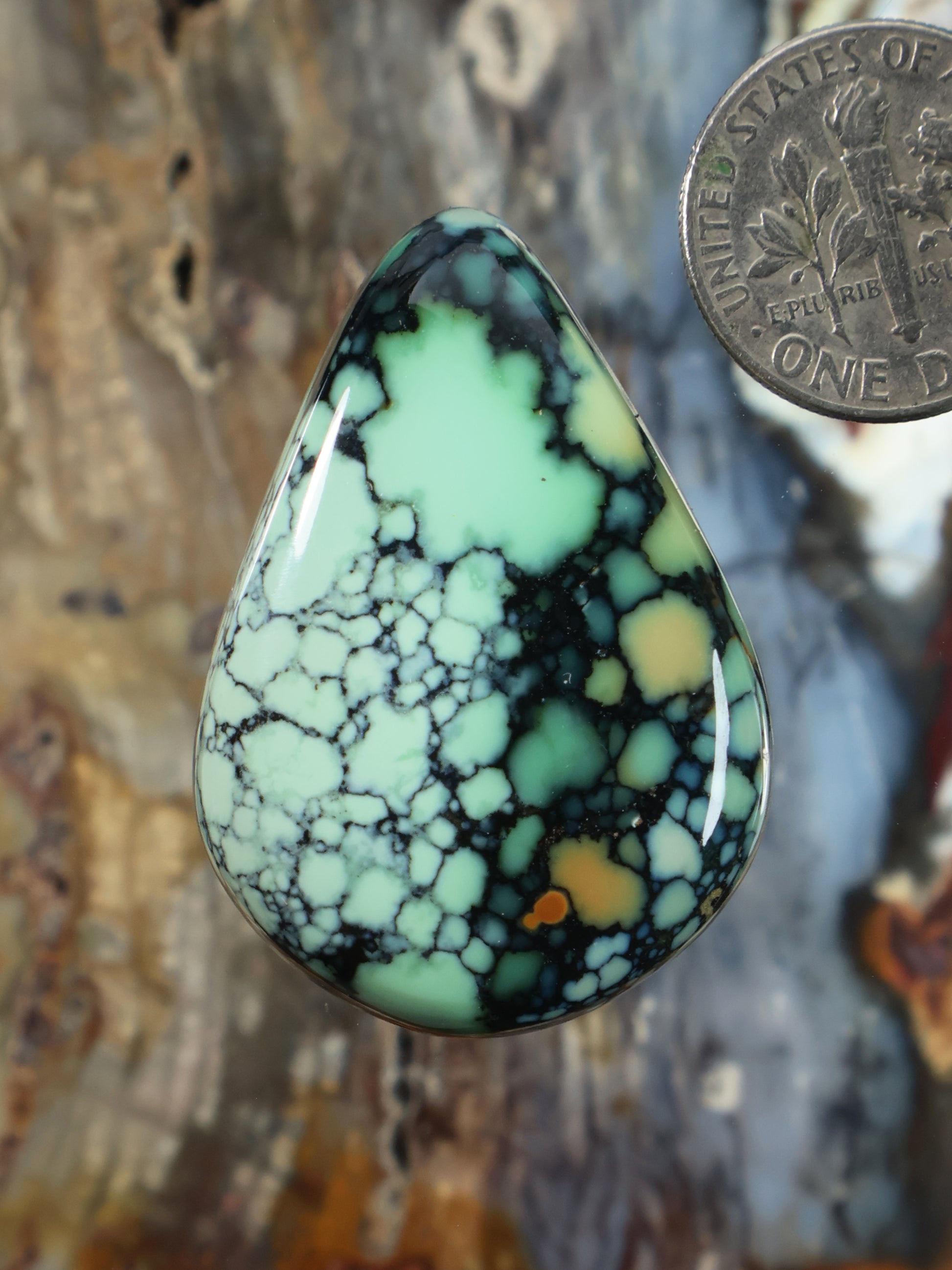 Teardrop variscite cabochon with bright green and black web-like matrix pattern