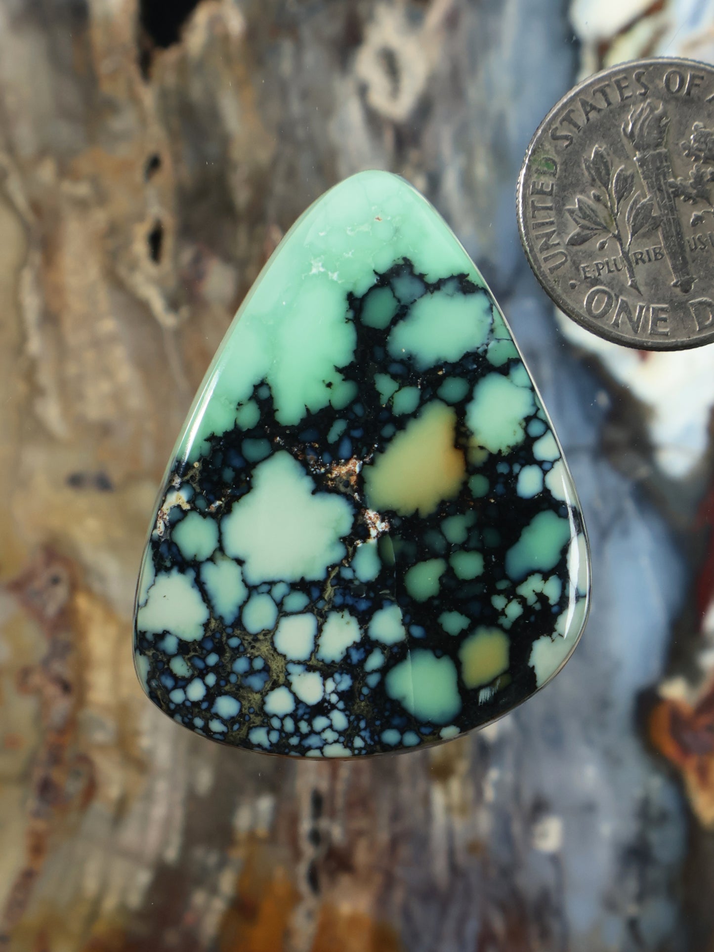 Variscite cabochon, teardrop-shaped, mint-green and black web matrix gemstone
