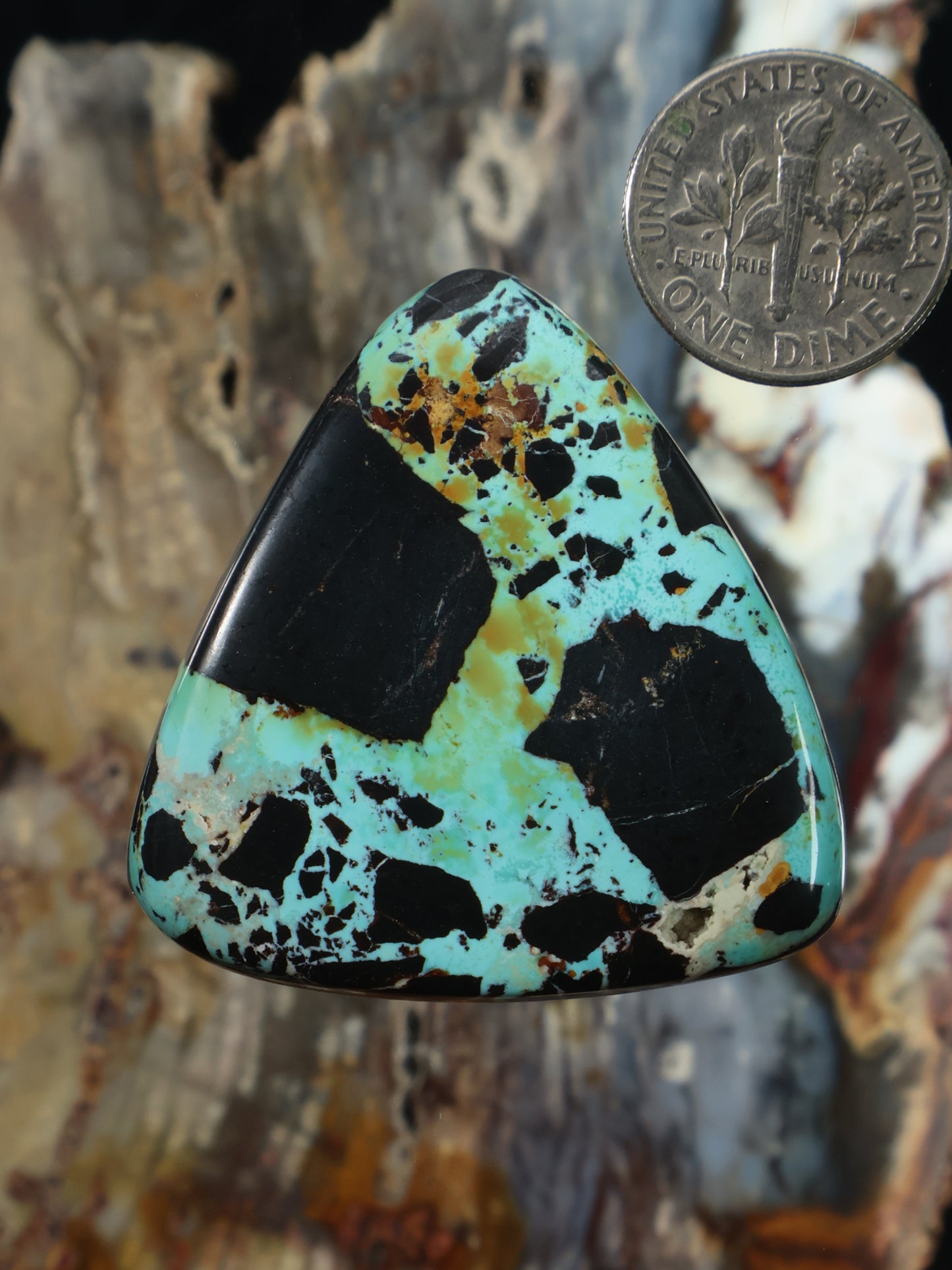 Turquoise cabochon gemstone with black matrix, teardrop-triangle shape