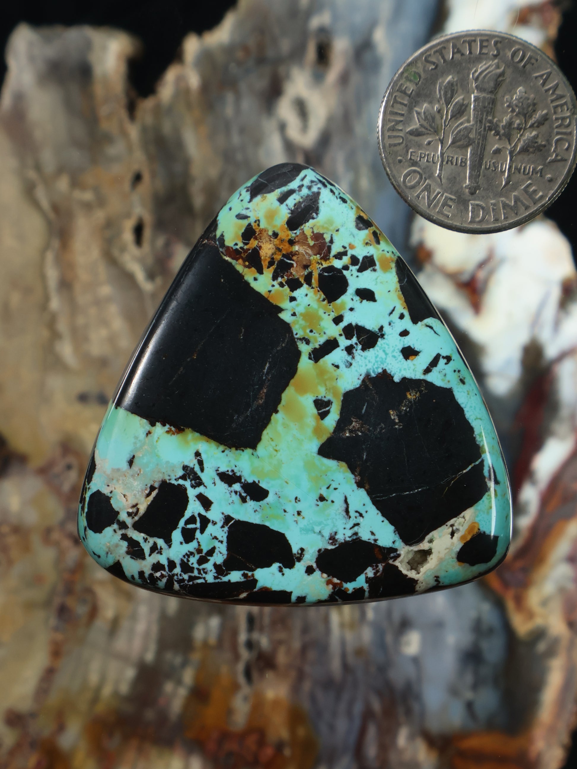 Turquoise cabochon gemstone with black matrix, teardrop-triangle shape