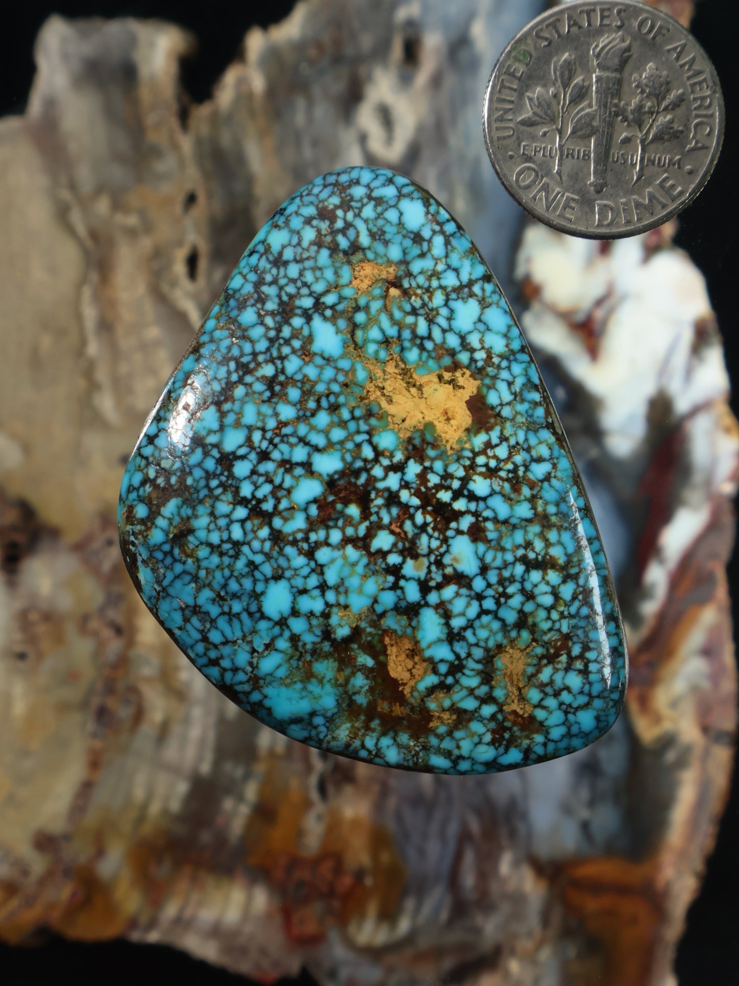 Turquoise cabochon gemstone in a teardrop shape with gold-brown matrix