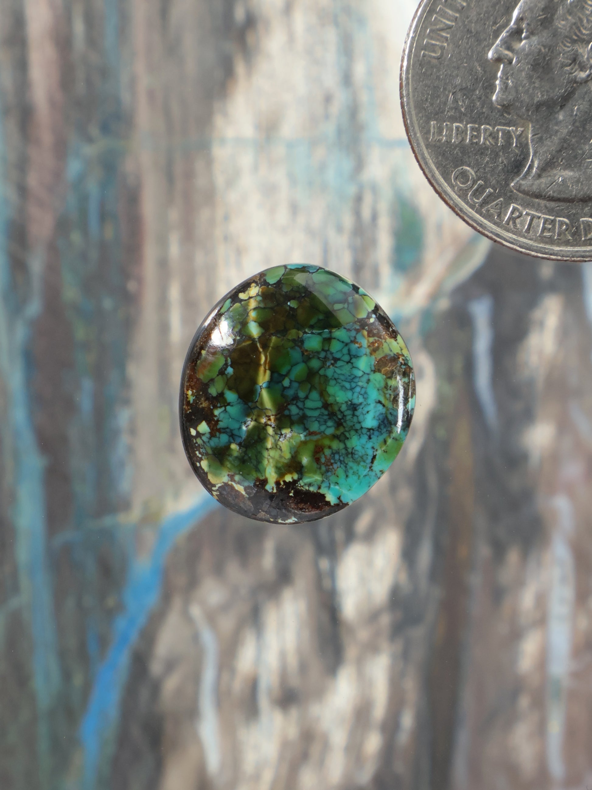 Round turquoise cabochon with green-blue webbed stone pattern