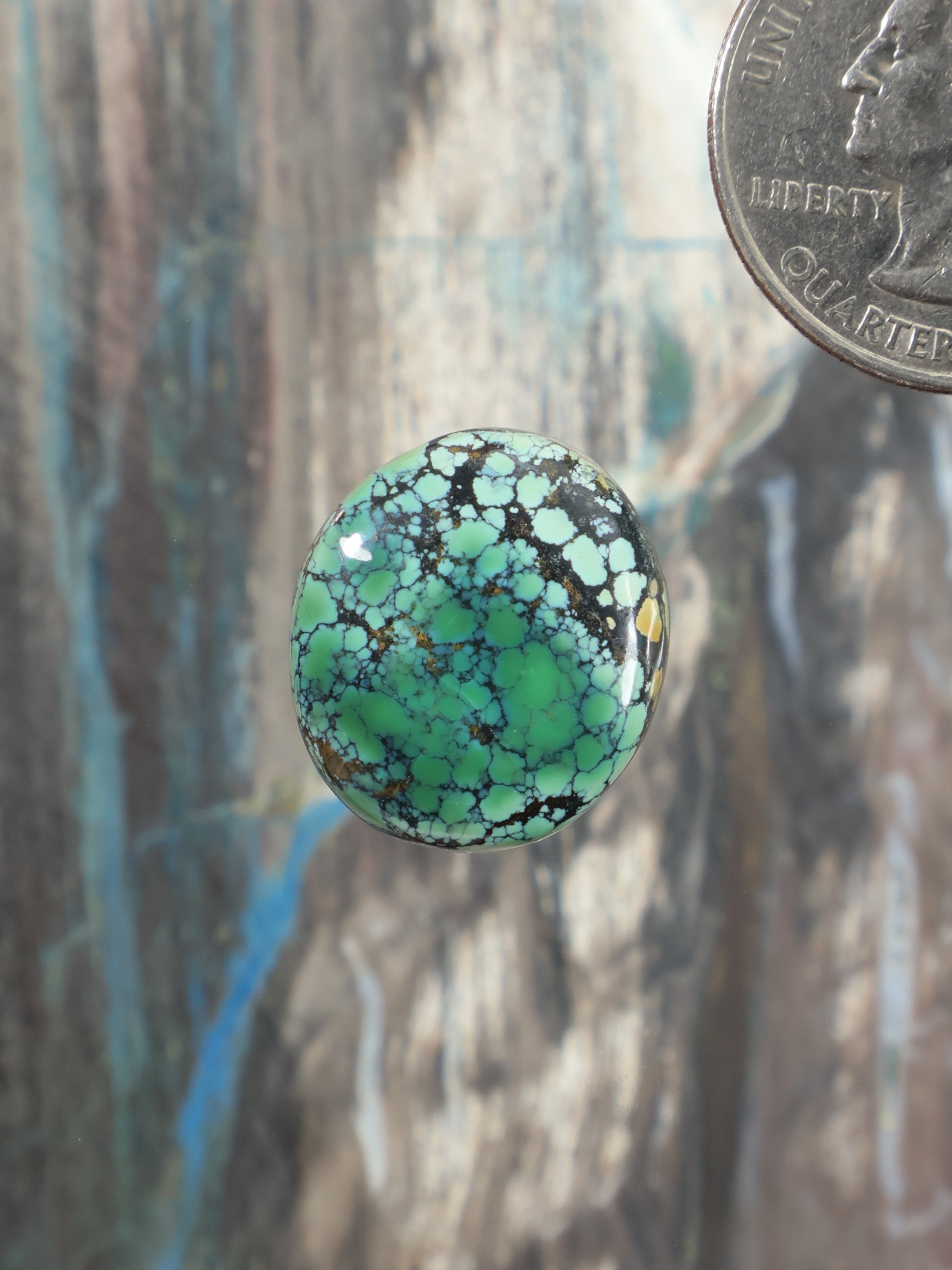 Bao Canyon turquoise cabochon, round teal stone with dark matrix veining