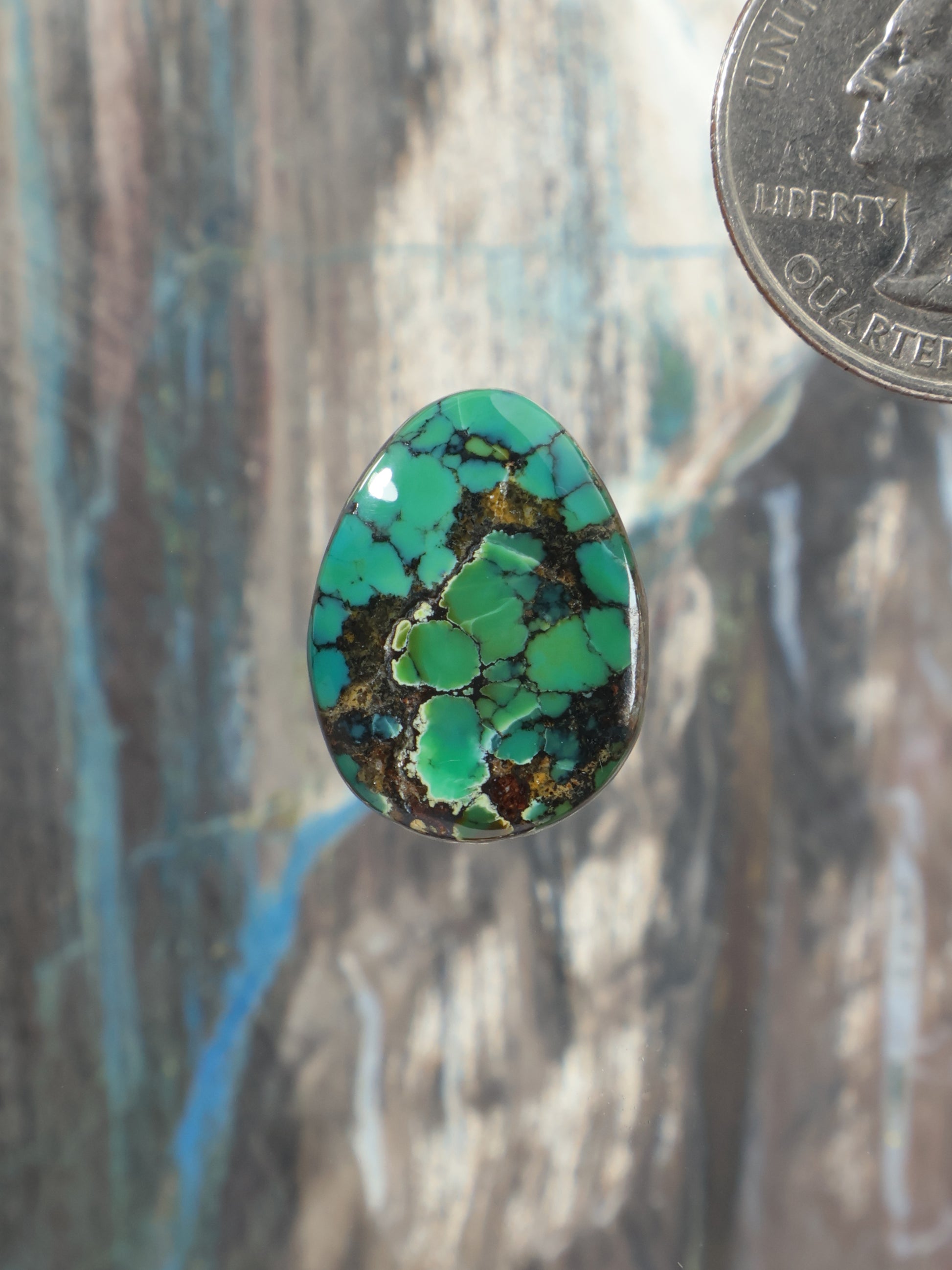 Turquoise oval cabochon gemstone with dark matrix veining