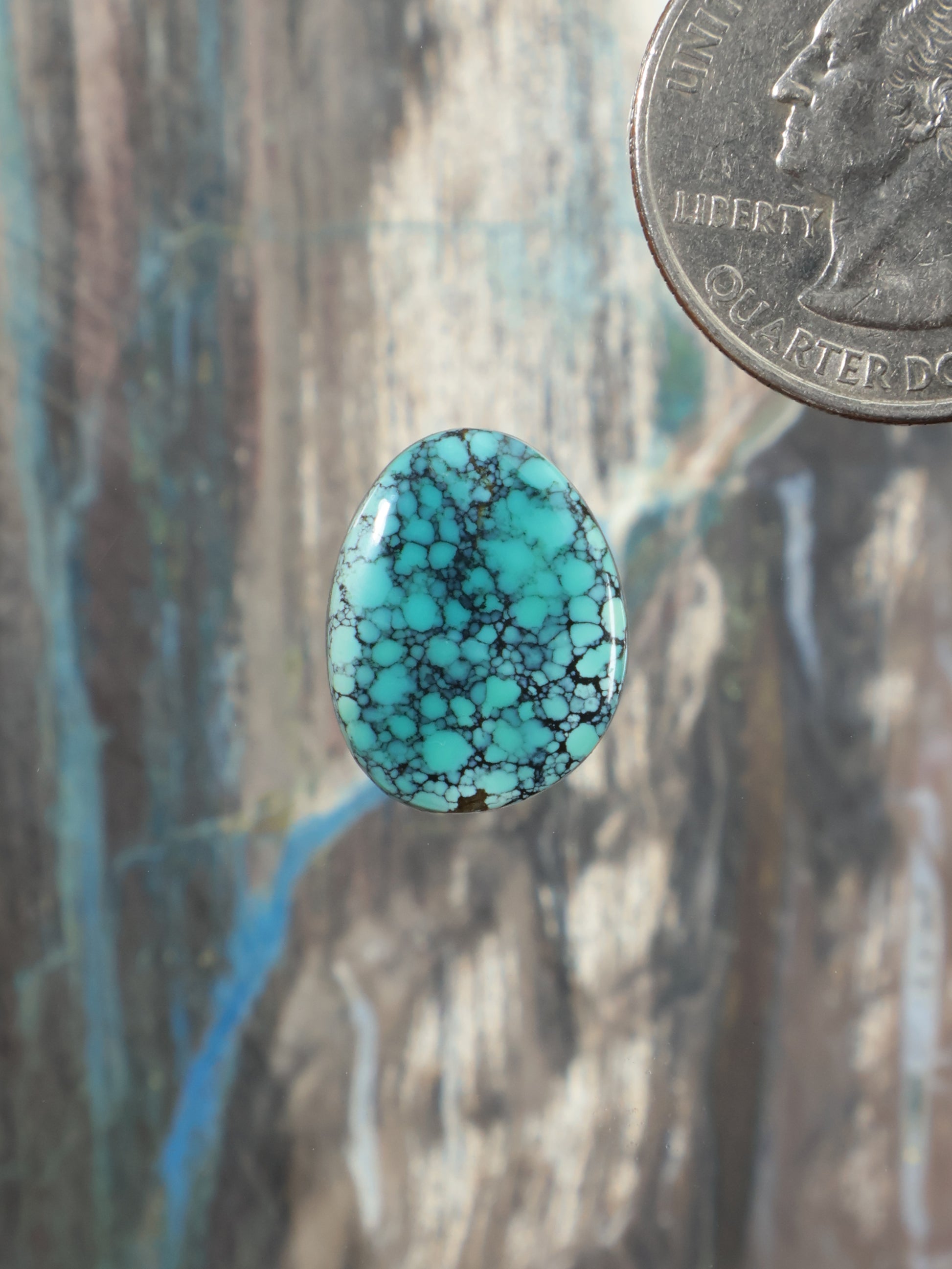 Turquoise oval cabochon gemstone with dark matrix webbing