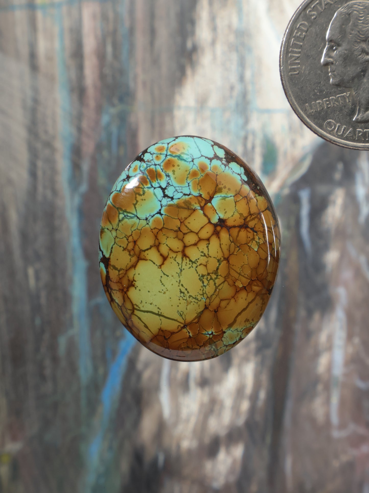 Round turquoise cabochon gemstone with webbed brown and green matrix pattern