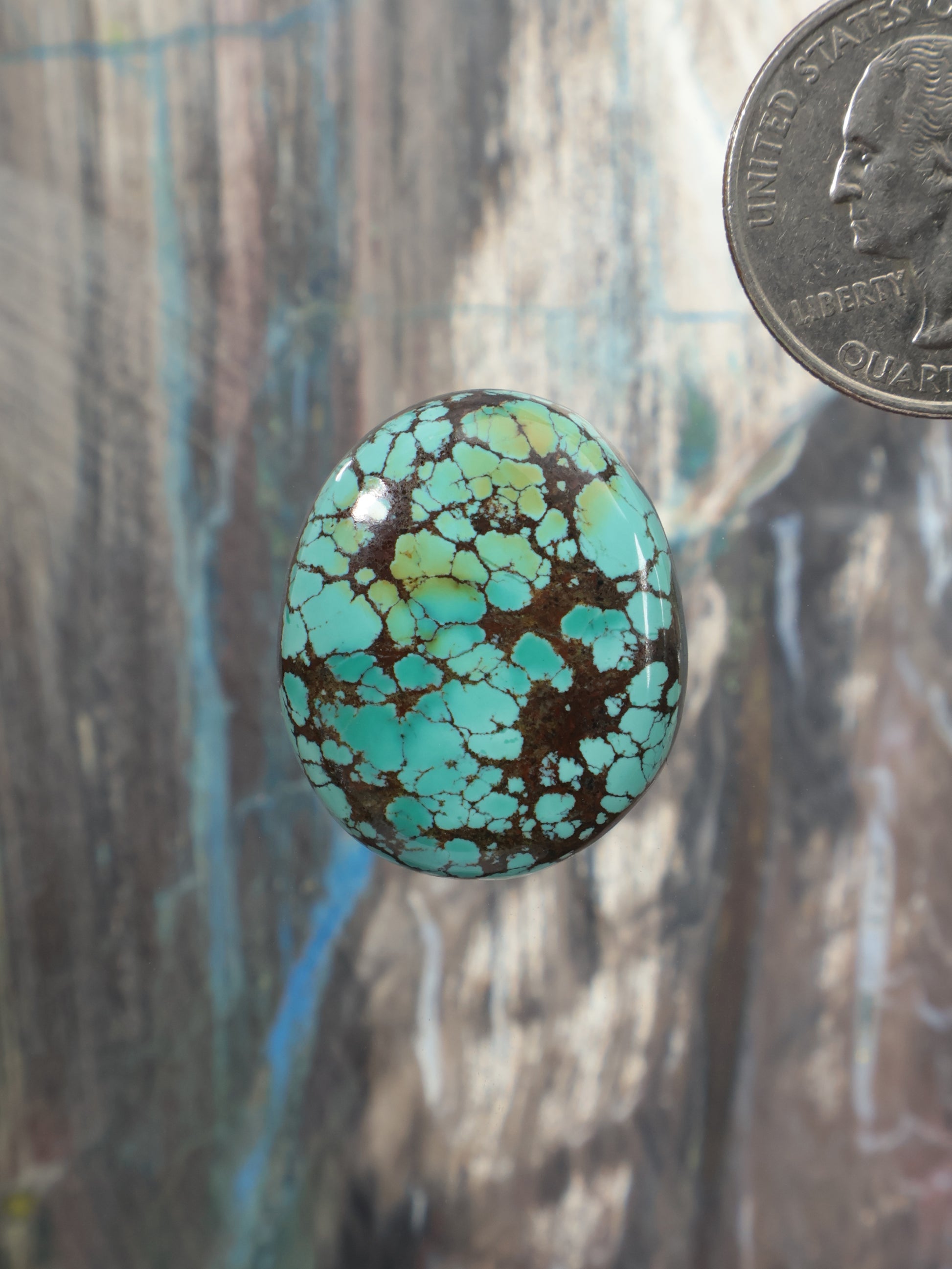 Turquoise oval cabochon gemstone with brown matrix veining