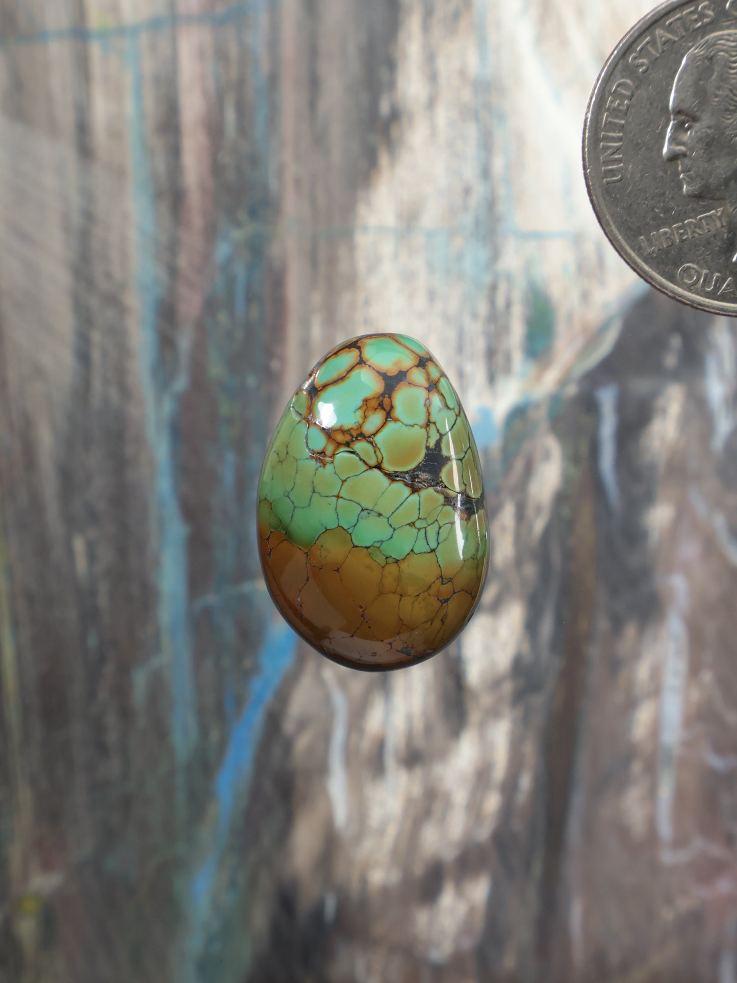 Oval turquoise cabochon gemstone with natural brown matrix veining