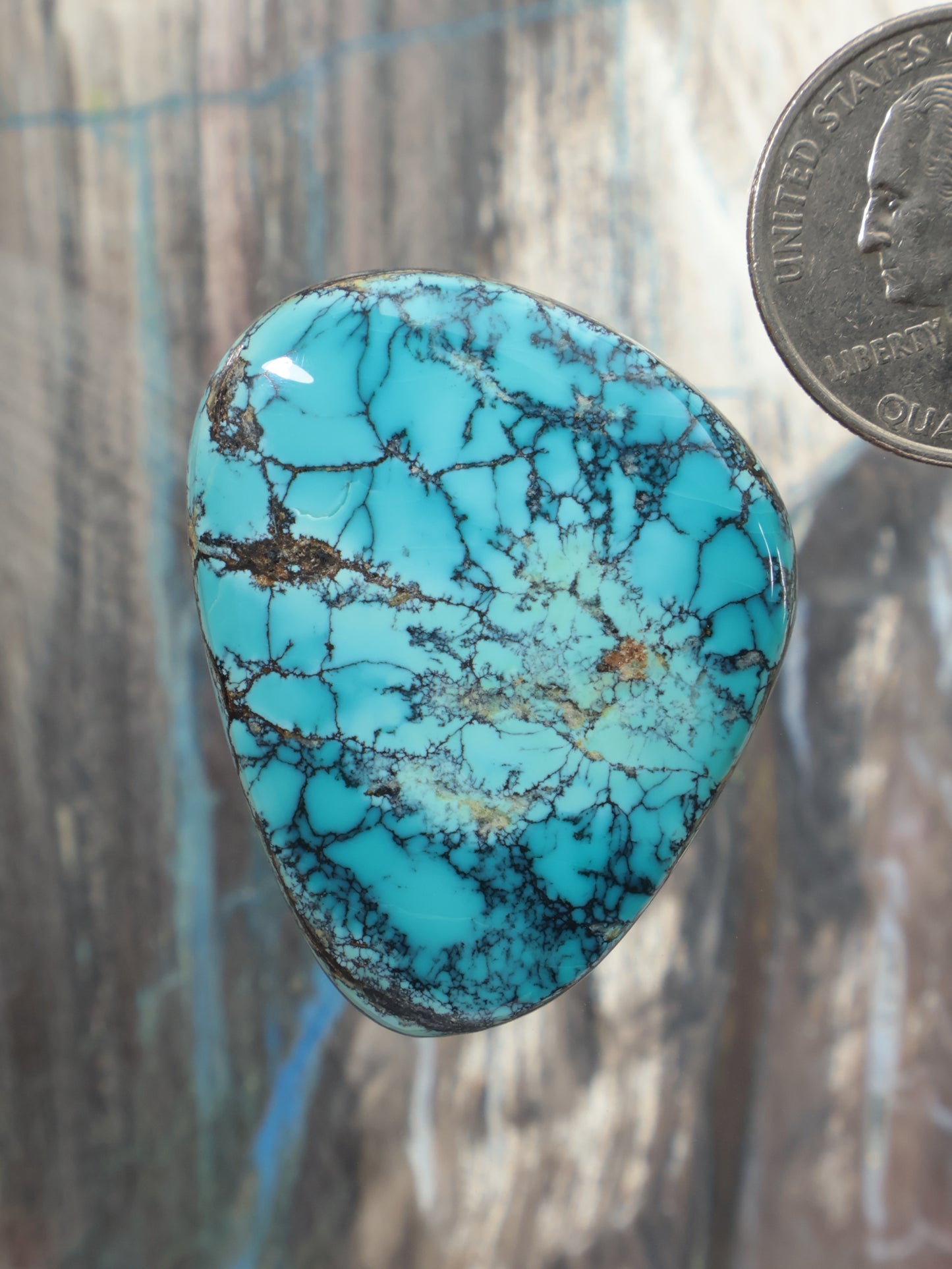 Turquoise cabochon gemstone with blue matrix and dark brown veining, teardrop shape